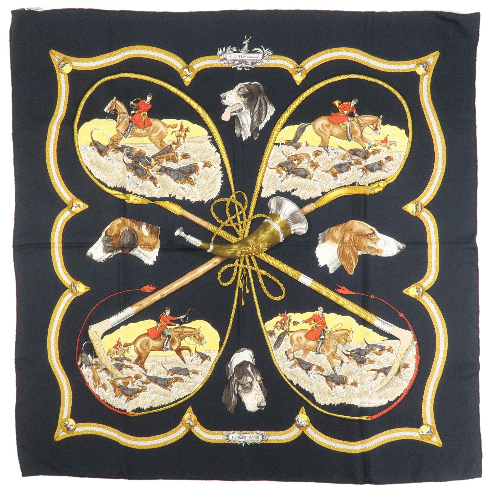 HERMES Carre 90 Silk 100% Scarf  LE LAISSER COURRE Black