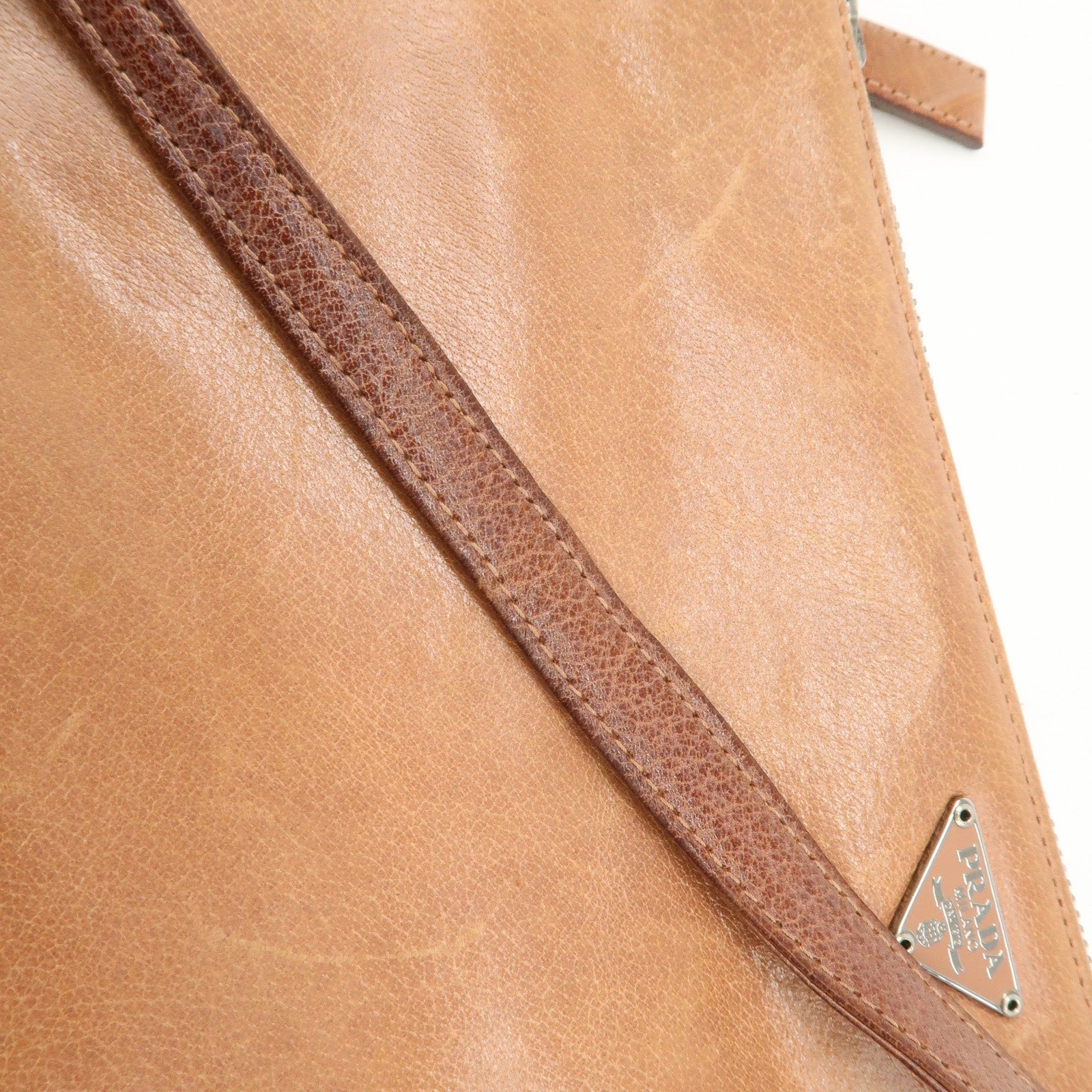 PRADA Triangle Logo Leather Shoulder Bag Hand Bag Brown Used