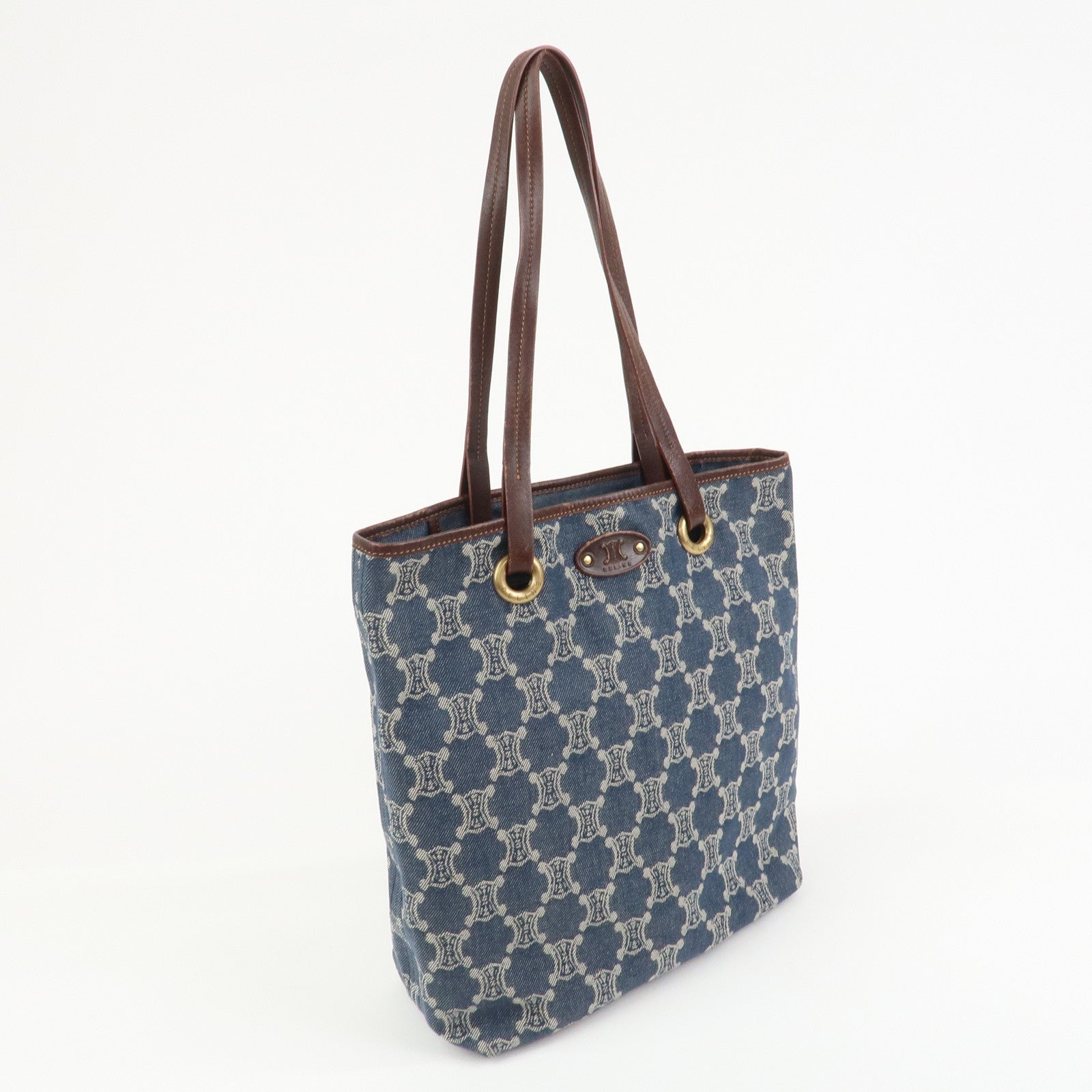 CELINE Macadam Denim Leather Tote Bag Shoulder Bag Blue Brown