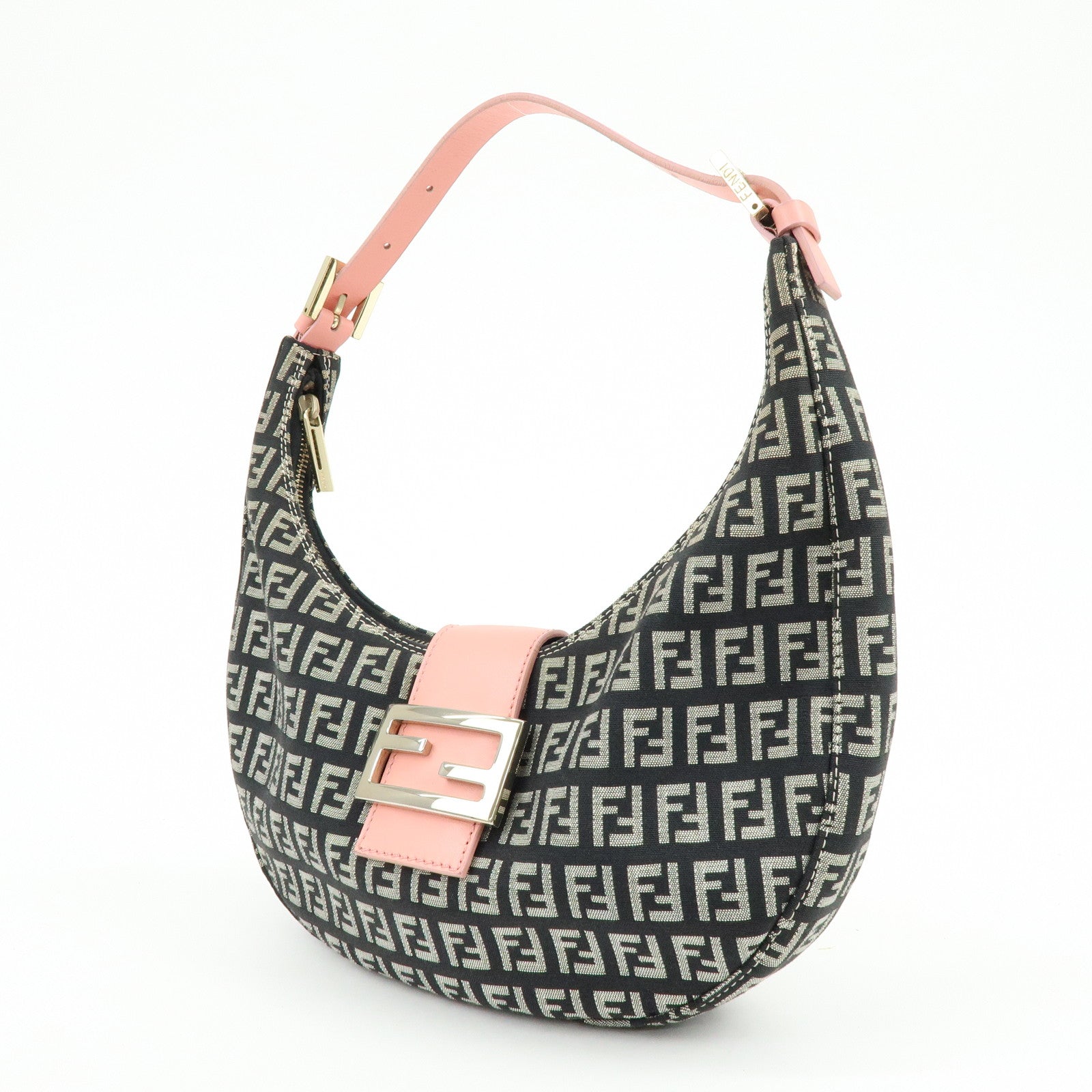 FENDI Zucchino Canvas Leather Shoulder Bag Black Pink 8BR020