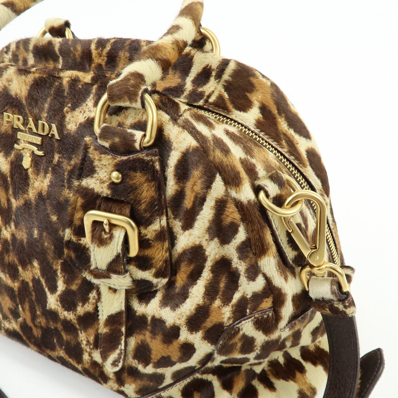 PRADA Pony Hair Leopard 2Way Boston Bag Shoulder Bag Brown BL0429