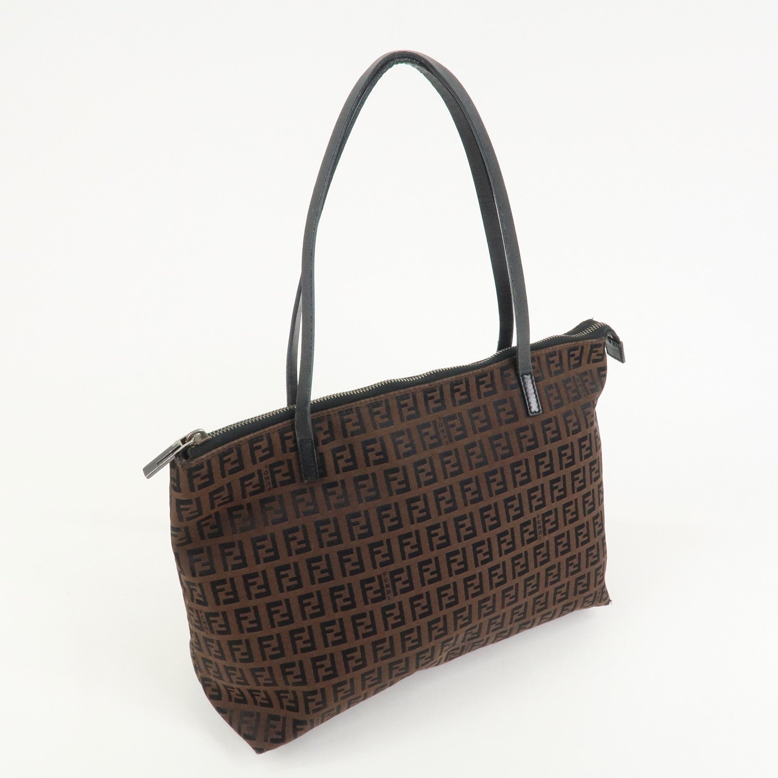 FENDI Zucchino Canvas Leather Tote Bag Brown Black 8BH023