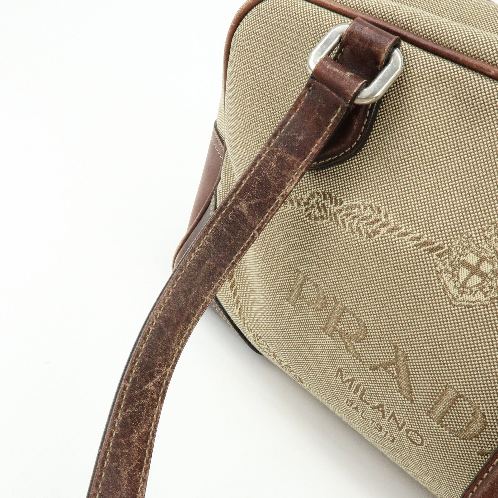 PRADA Leather Logo Jacquard Tote Bag Hand Bag Beige Brown