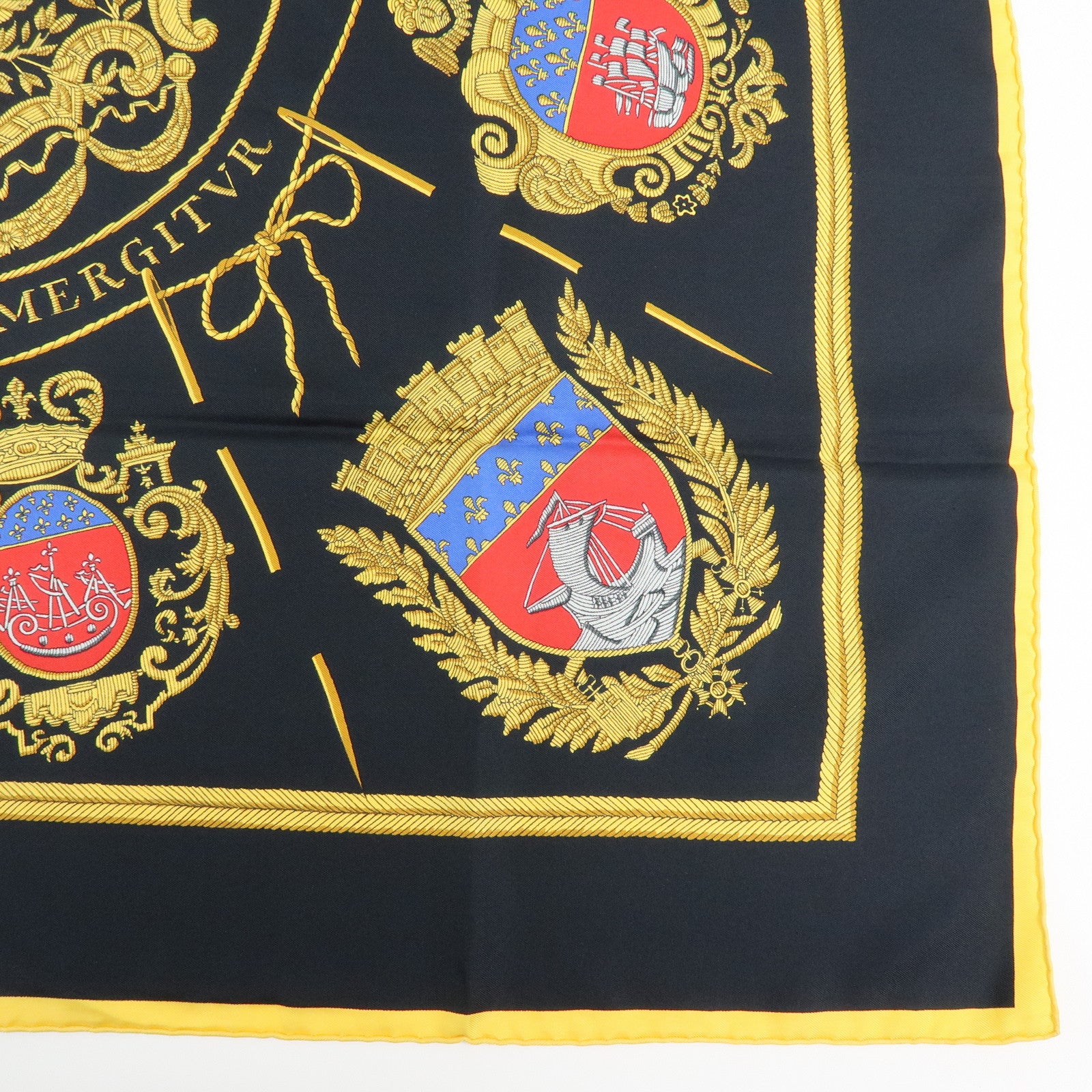 HERMES Carre 90 Silk 100% Les Armes de Paris Scarf Black Yellow Red