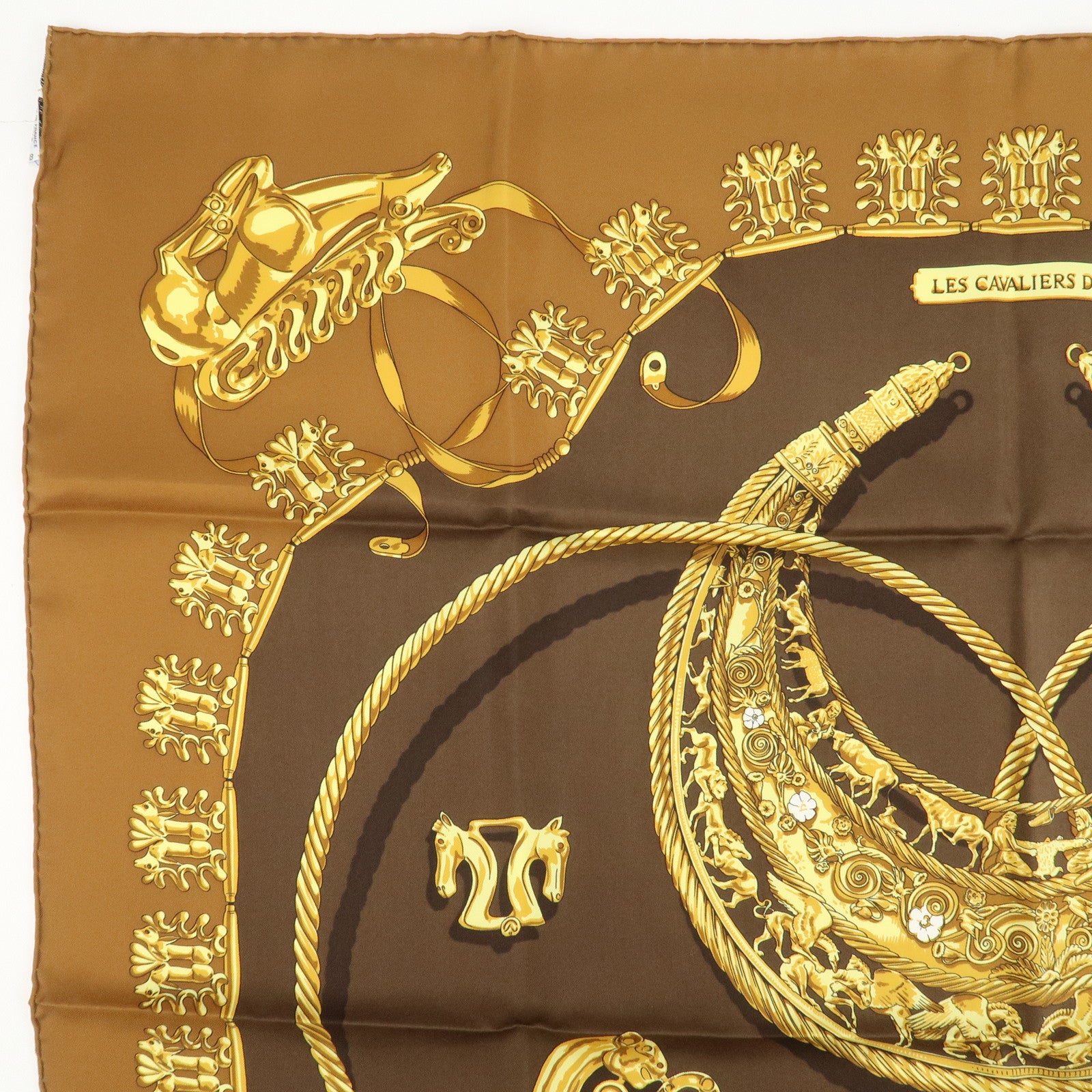 HERMES Carre 90 Silk 100% Scarf LES CAVALIERS D'OR Brown Gold