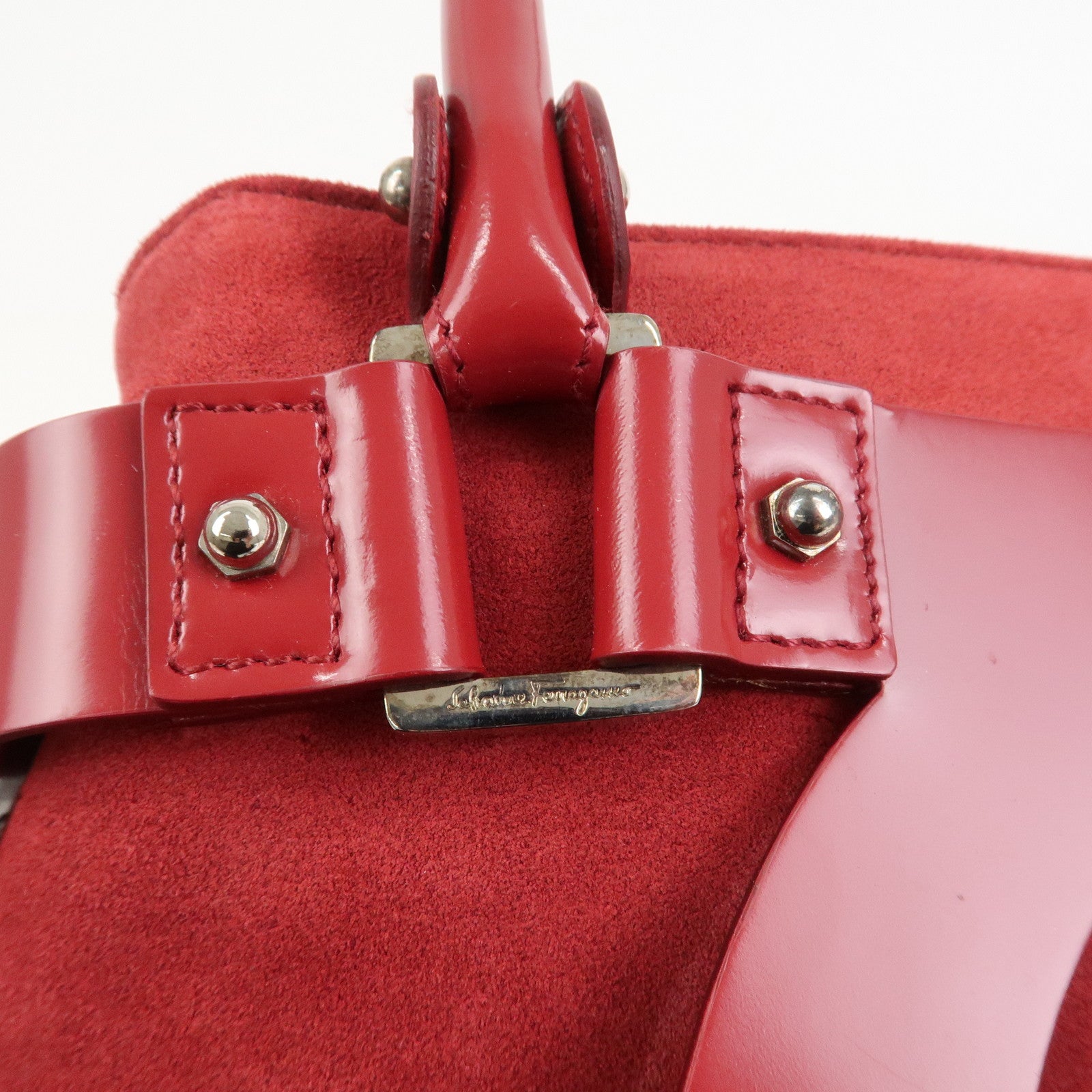 Ferragamo Gancini Suede Leather 2Way Bag Hand Bag Shoulder Bag Red