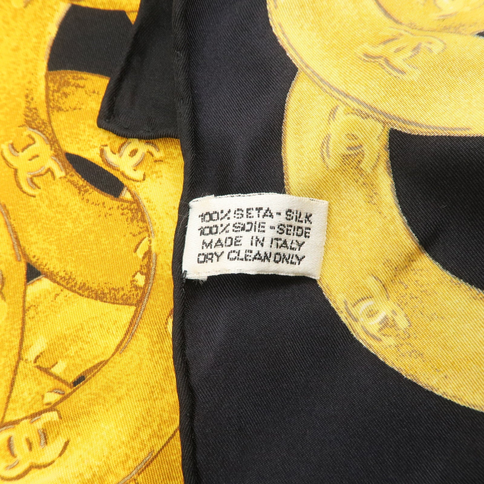 CHANEL COCO Mark Silk 100% Scarf Chain Pattern Black Gold Used