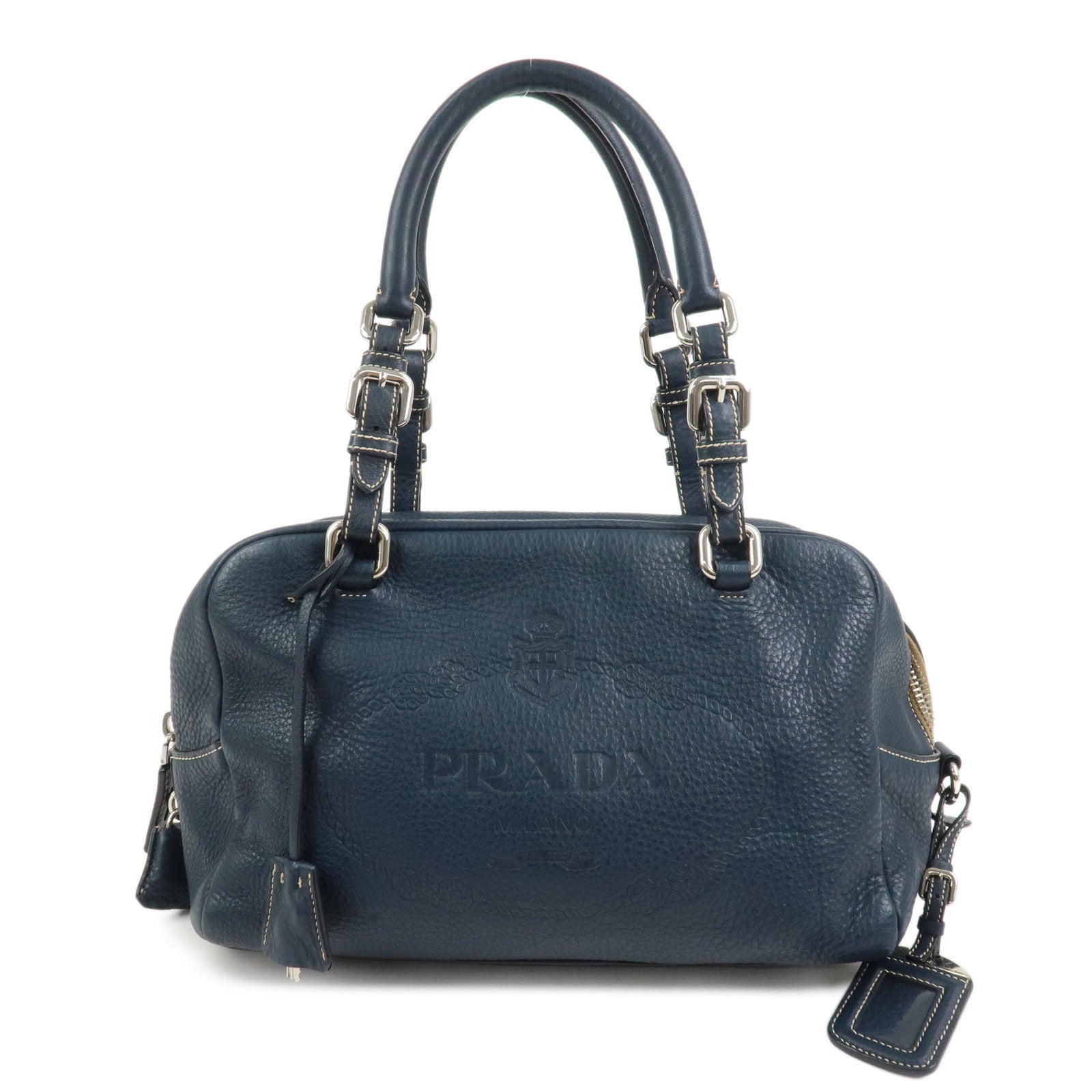 PRADA Logo Leather Boston Bag Hand Bag Navy BR3091