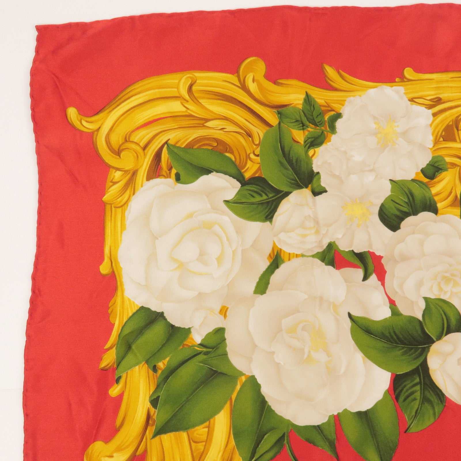 CHANEL Silk 100% Scarf Rose Print Floral Pattern 93x93 Red Gold