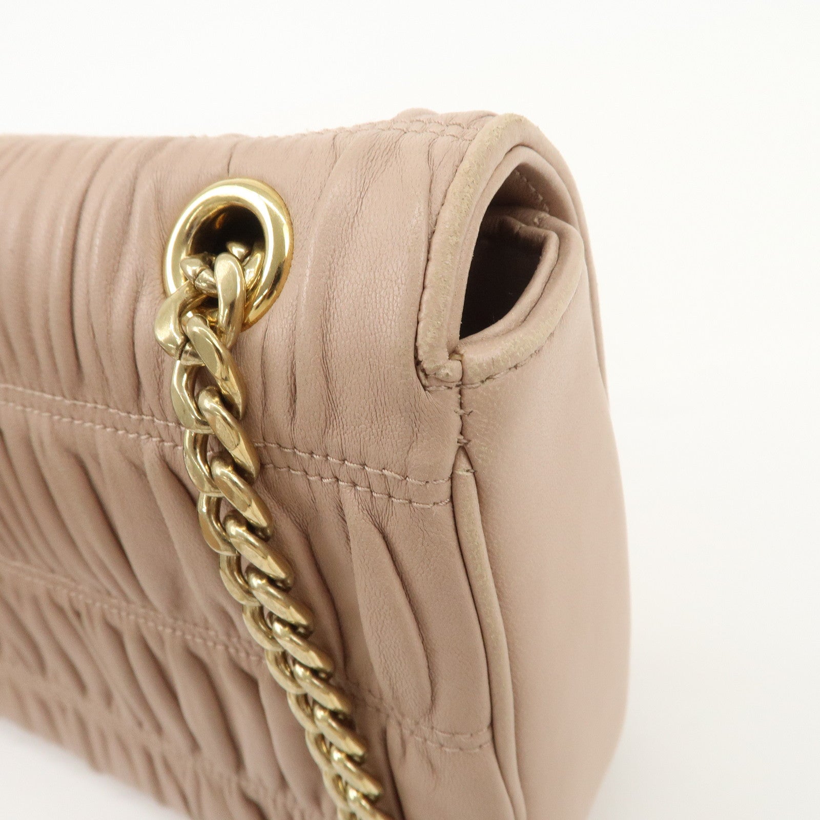 PRADA Logo Leather Gathered Chain Shoulder Bag Pink Beige 1BD147