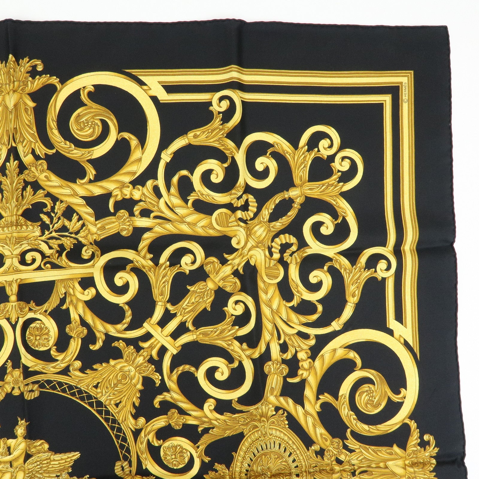 HERMES Carre 90 Silk 100% Scarf LES TUILERIES Black Gold