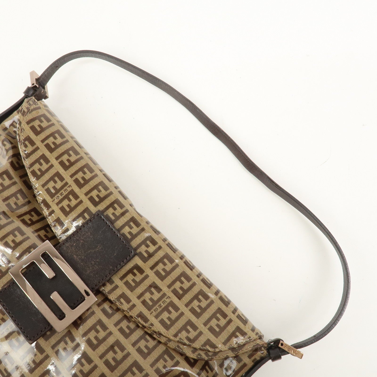 FENDI Zucchino PVC Canvas Leather Shoulder Bag Brown 8BR002