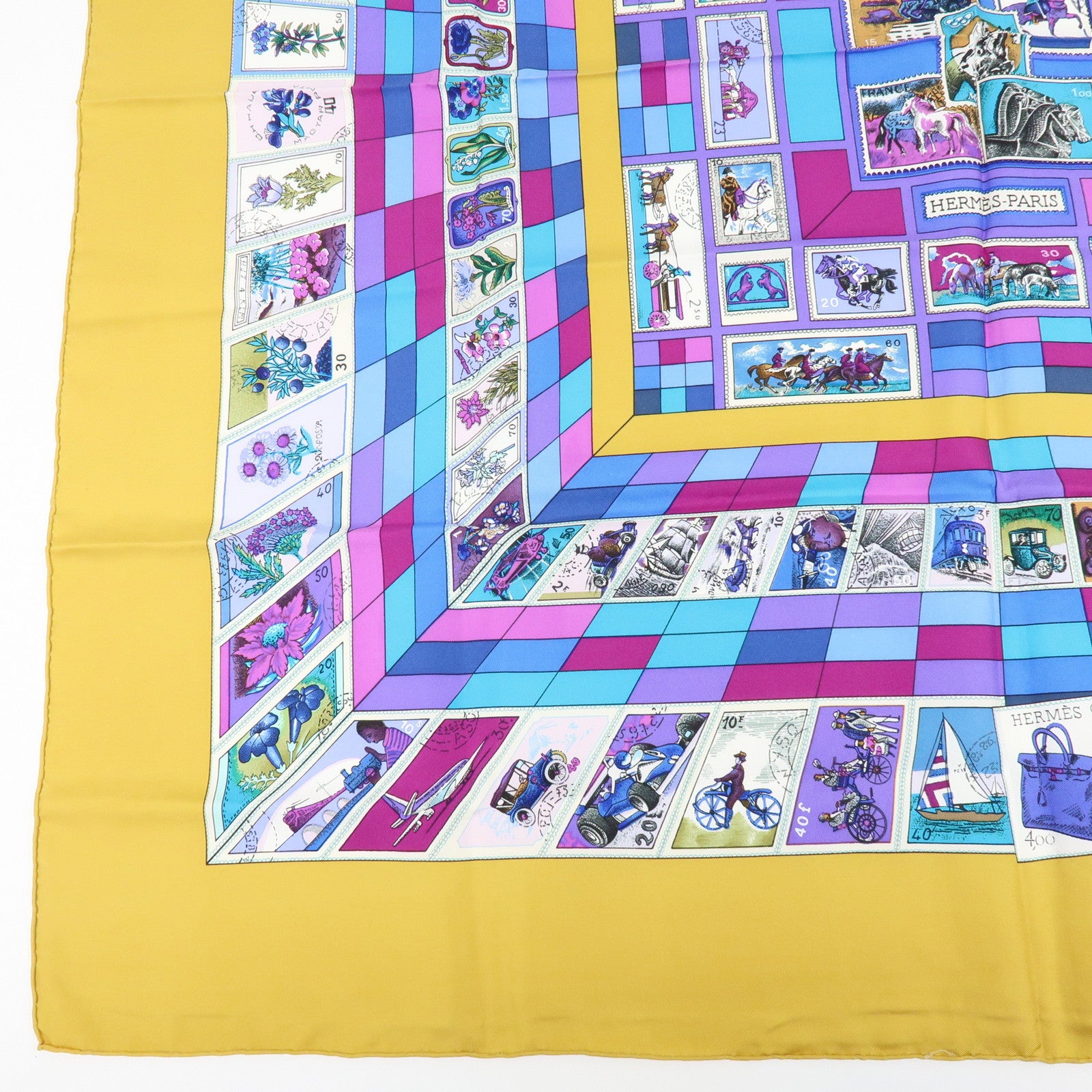 HERMES Carre 90 Silk 100% Scarf CORRESPONDANCE Mustard Purple
