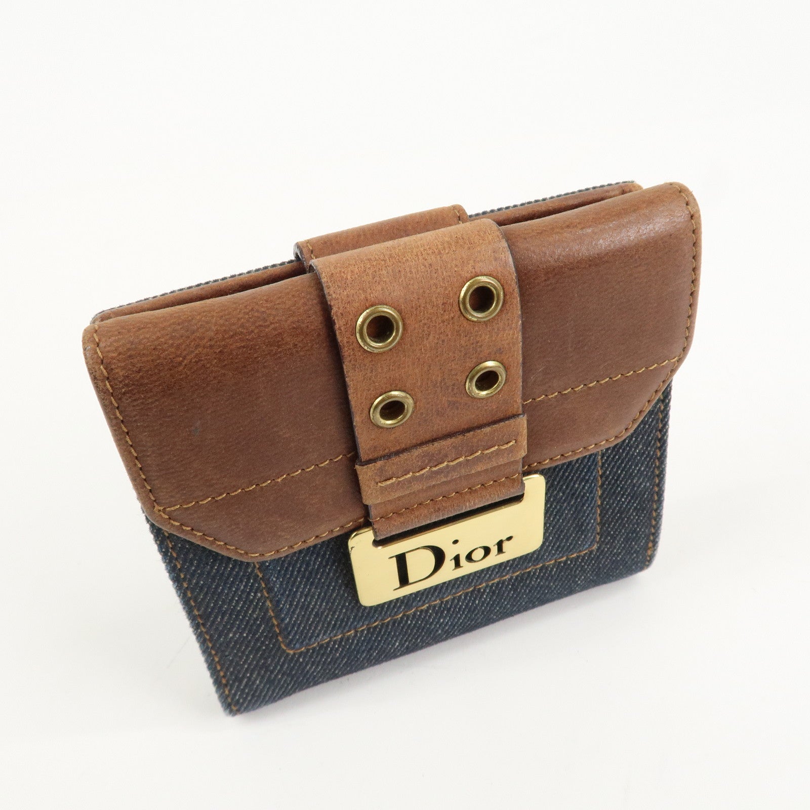 Christian Dior Leather Denim Bi-fold Compact Wallet 46BM-0024 Used