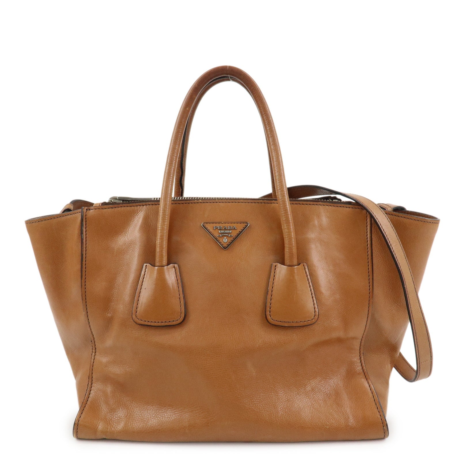PRADA Triangle Logo Leather 2Way Hand Bag Shoulder Bag Brown BN2619