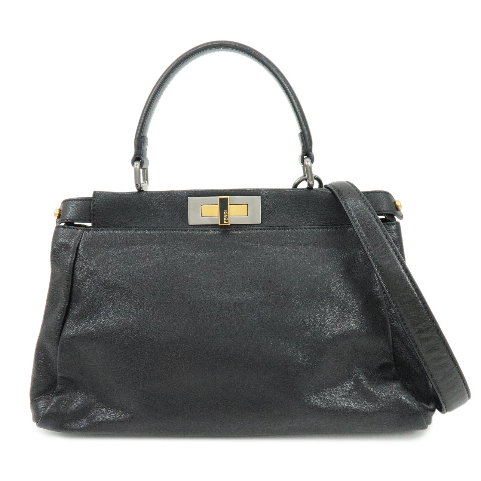 FENDI Peekaboo Leather 2Way Bag Hand Bag Shoulder Bag Black 8BN211