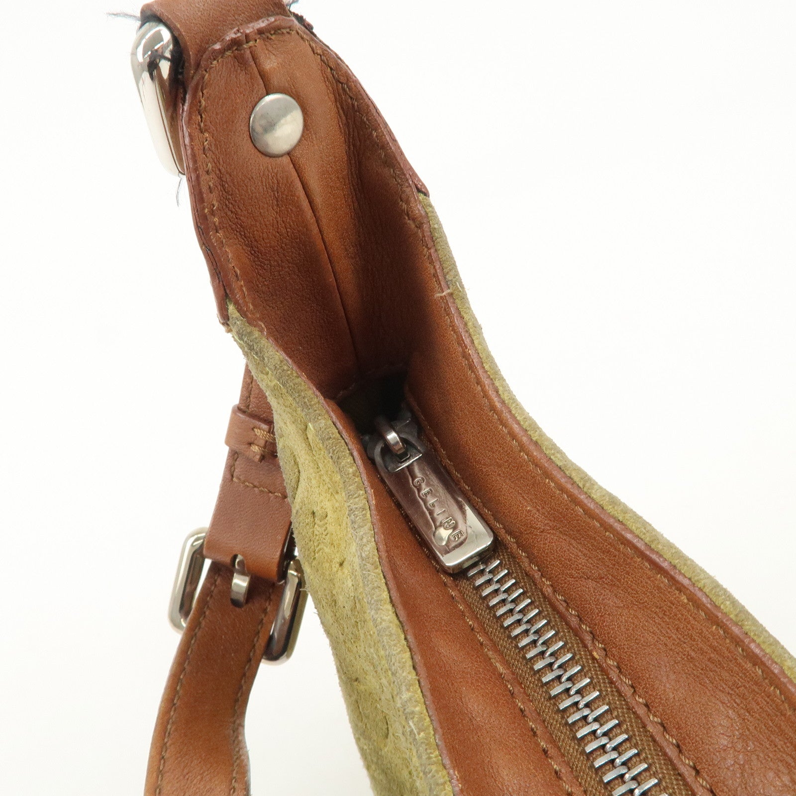 CELINE C Macadam Suede Leather Shoulder Bag Hand Bag Green Brown