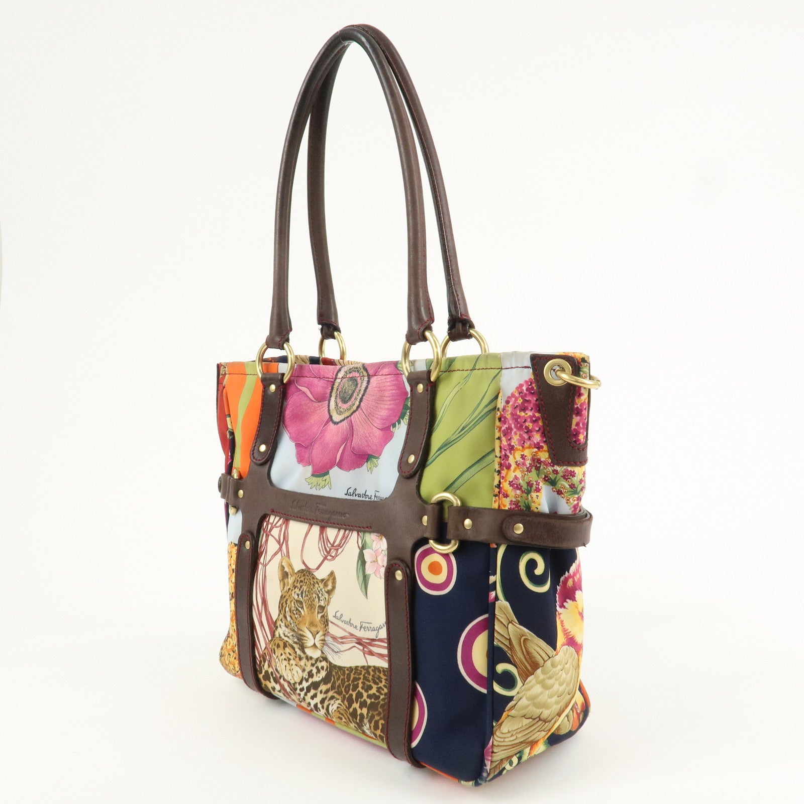 Ferragamo Gancini Leather Nylon Shoulder Bag Tote Bag Multicolor