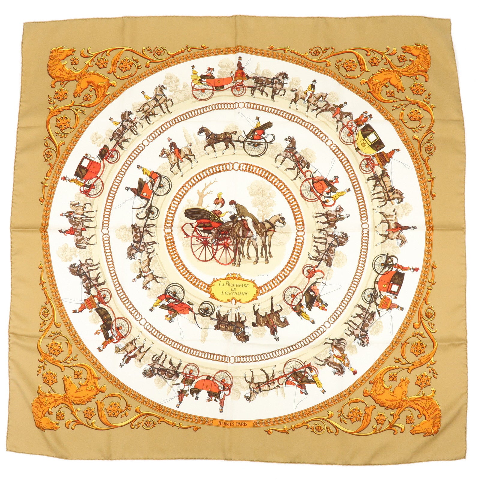 HERMES Carre 90 Silk 100% Scarf LA PROMENADE DE LONGCHAMPS Brown