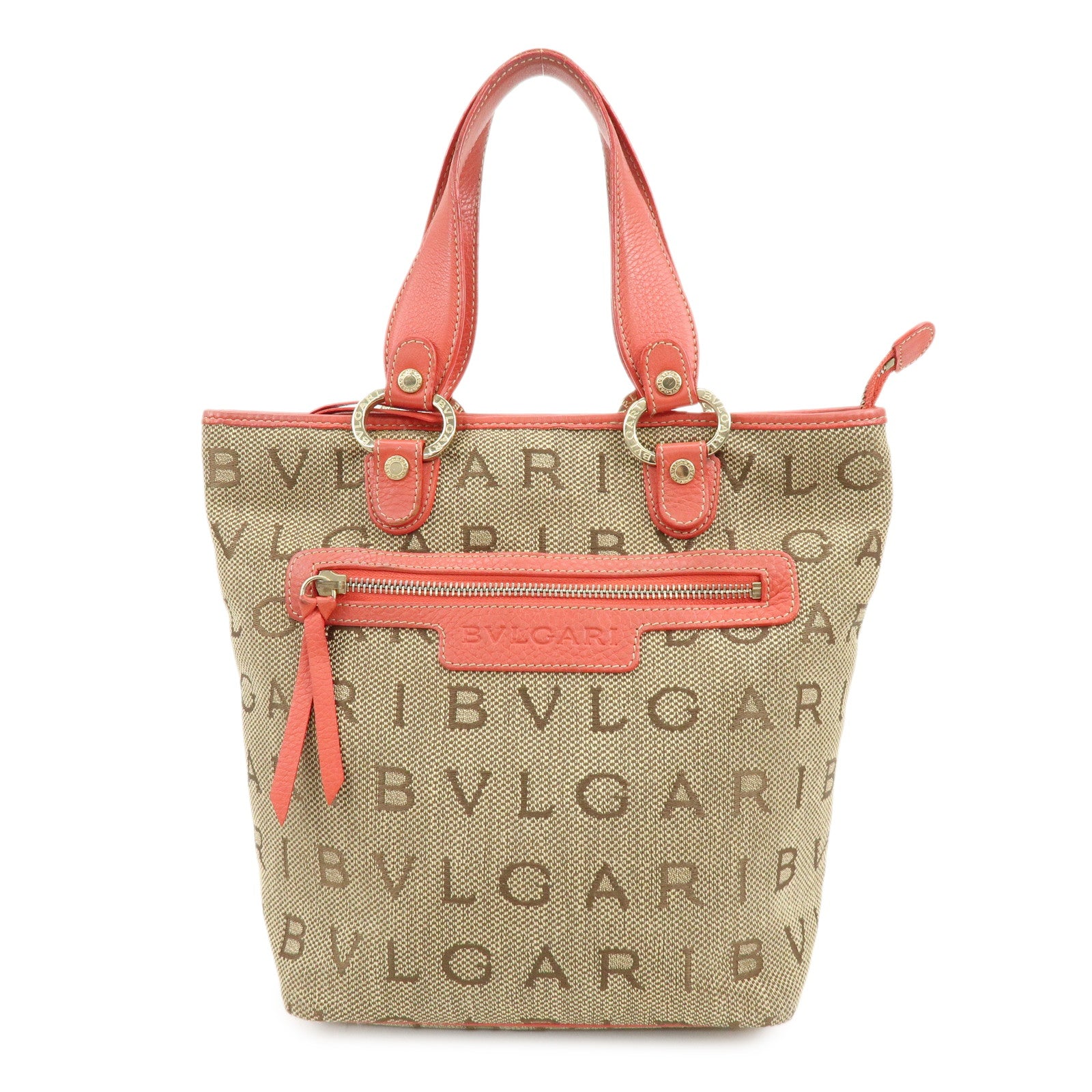 BVLGARI Logo Mania Jacquard Leather Tote Bag Hand Bag Beige Red