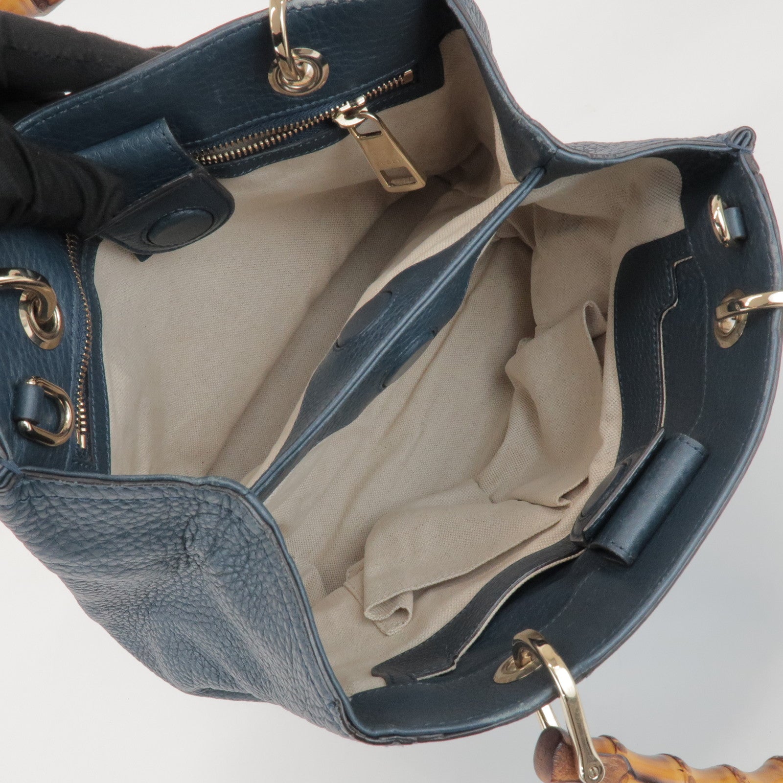 GUCCI Bamboo Calf Leather 2 Way Bag Tote Bag Navy 336032