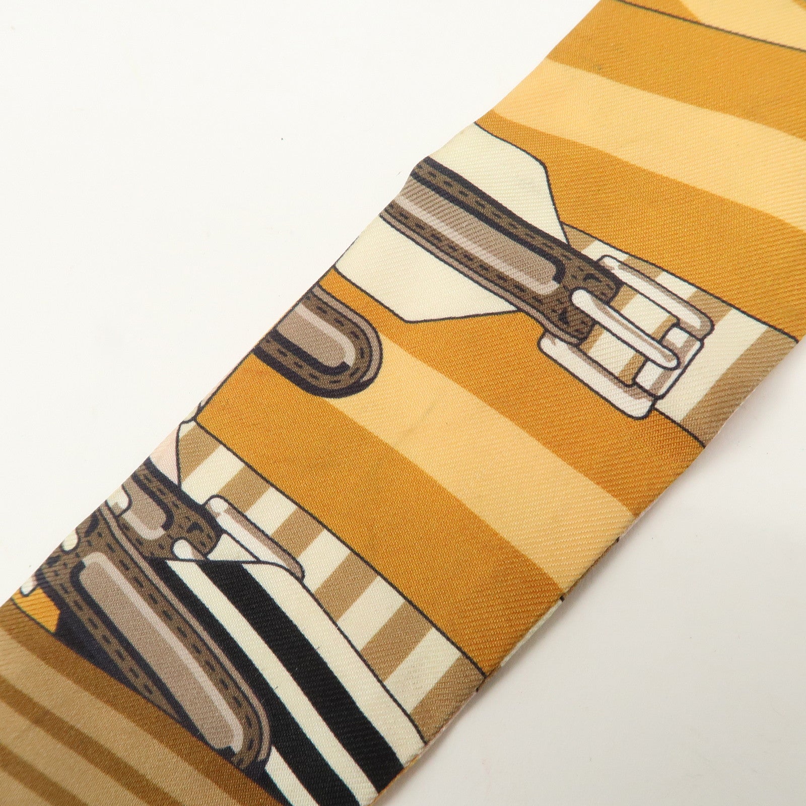 HERMES Twilly Silk 100% Scarf LES SANGLES Brown Black Peach