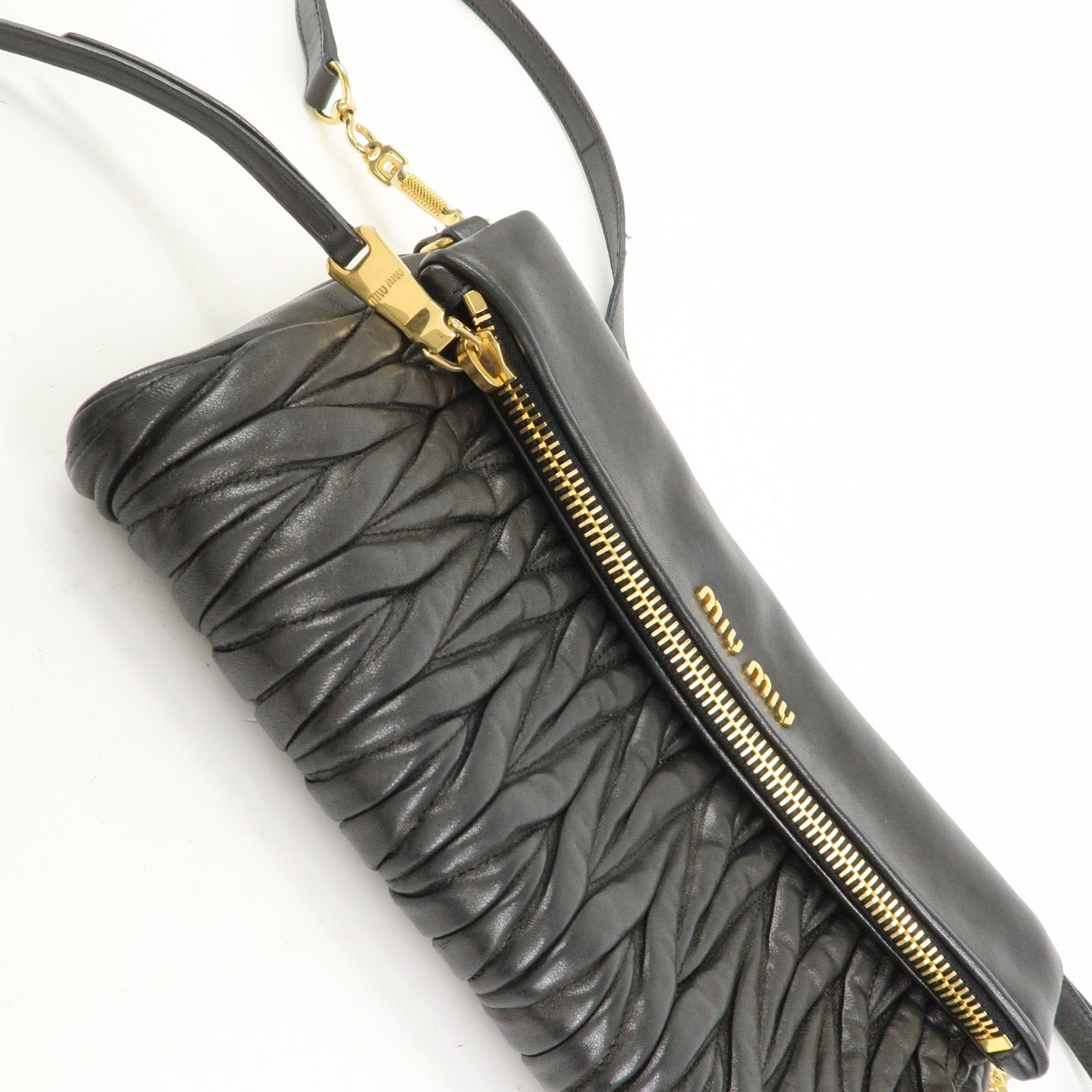 MIU MIU Matelasse Logo Leather Shoulder Bag Black RP0385