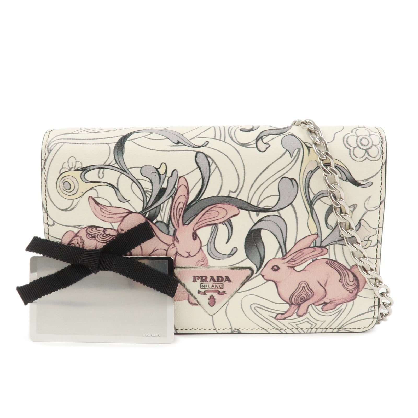 PRADA Leather Chain Shoulder Bag Crossbody Bag Rabbit Ivory 1BP012