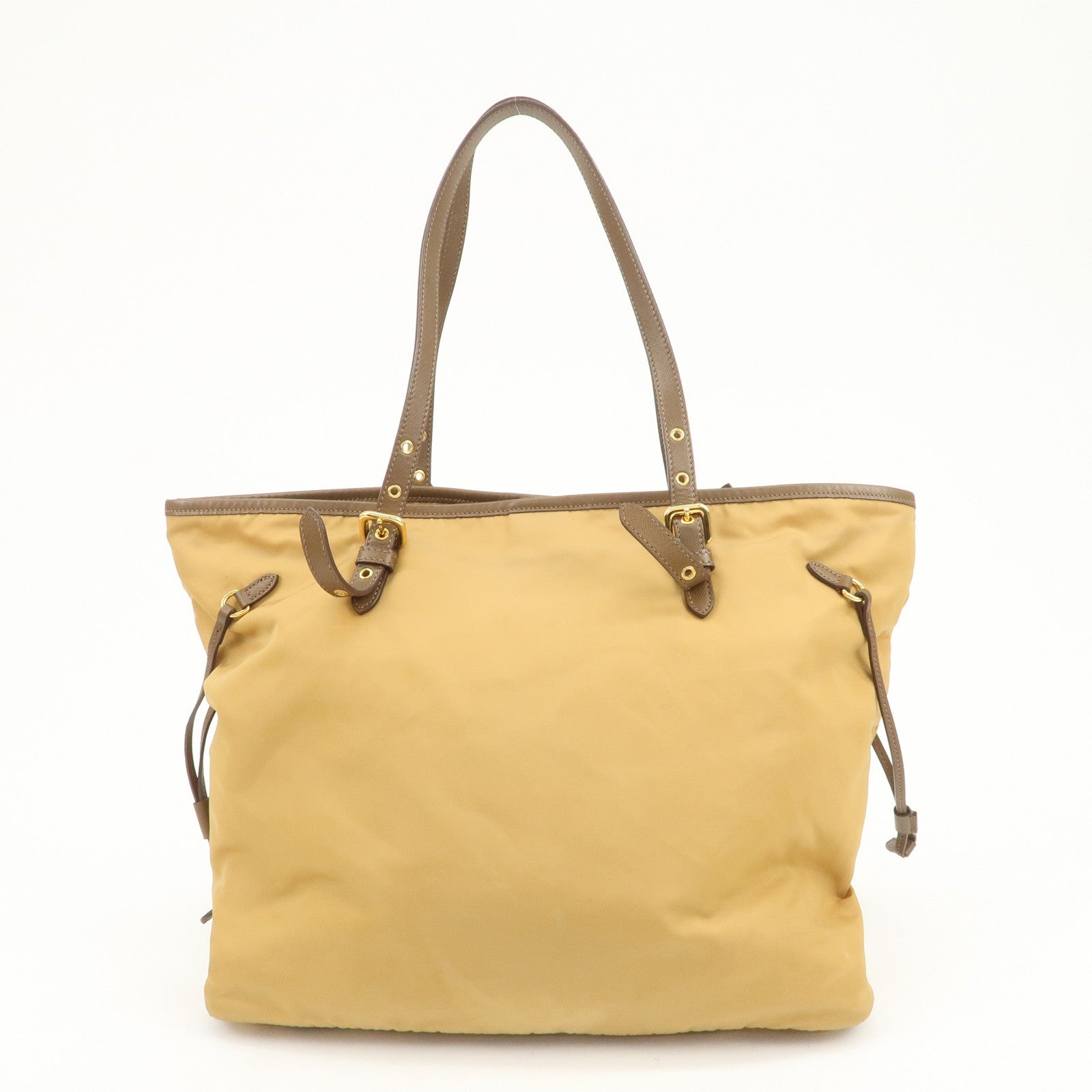 PRADA Logo Nylon Saffiano Leather Tote Bag Shoulder Bag Light Brown