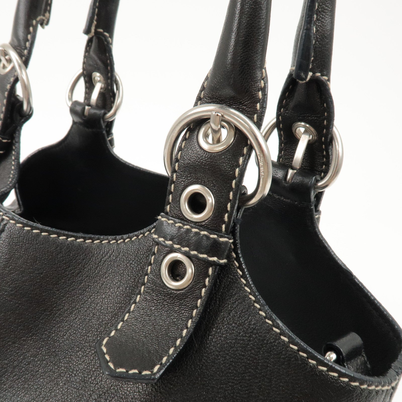 PRADA Triangle Logo Leather Tote Bag Hand Bag Black Used