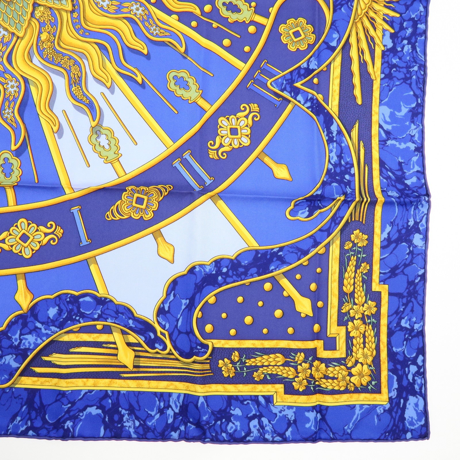 HERMES Carre 90 Silk 100% Scarf CARPE DIEM Blue Yellow