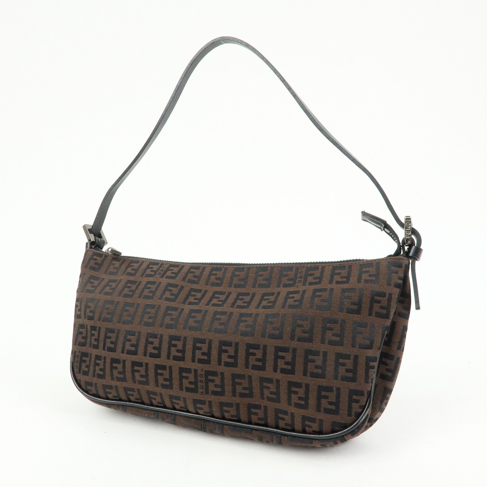 FENDI Zucchino Canvas Leather Hand Bag Brown Black 8BR1440