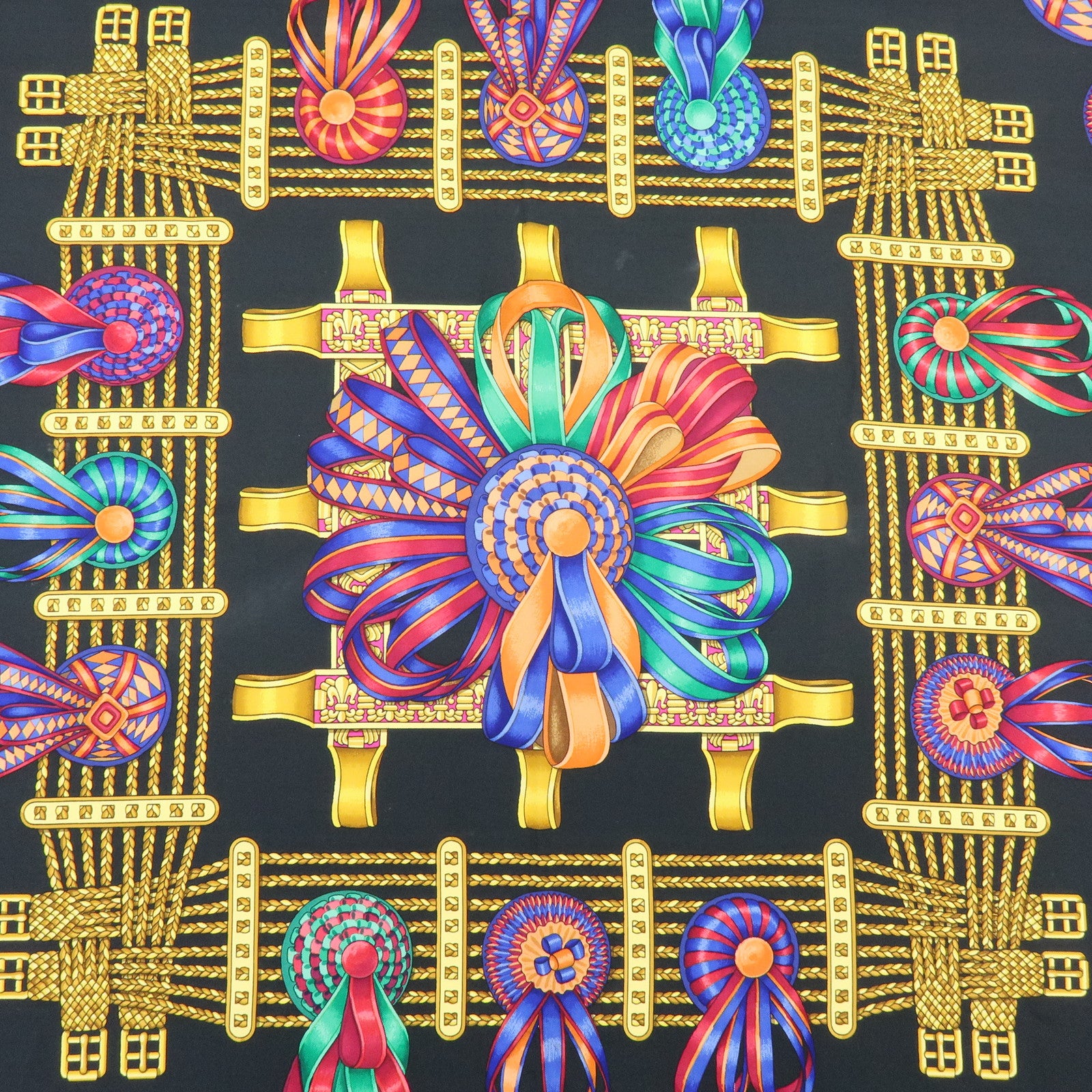 HERMES Carre 90 Silk 100% Scarf LES RUBANS DU CHEVAL Black
