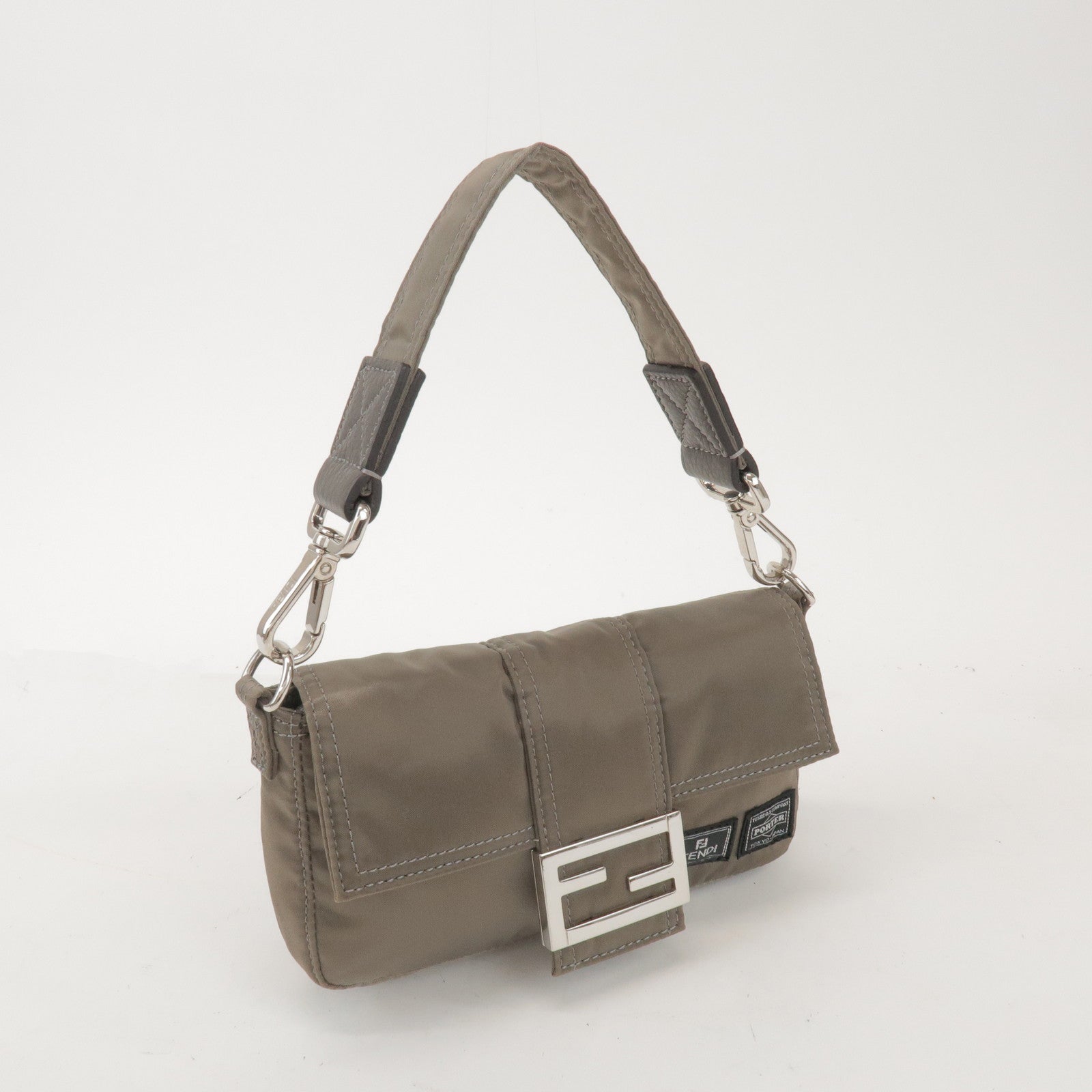 FENDI × PORTER Nylon Leather Baguette Mini 2WAY Bag Grey 7AS138