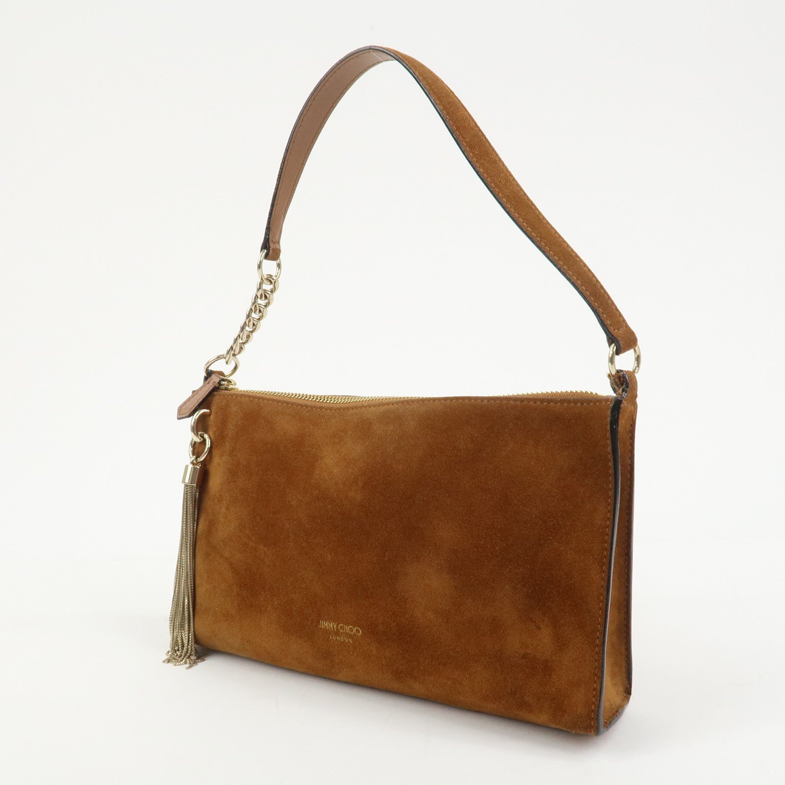 JIMMY CHOO Suede Leather Chain Shoulder Bag Hand Bag Brown