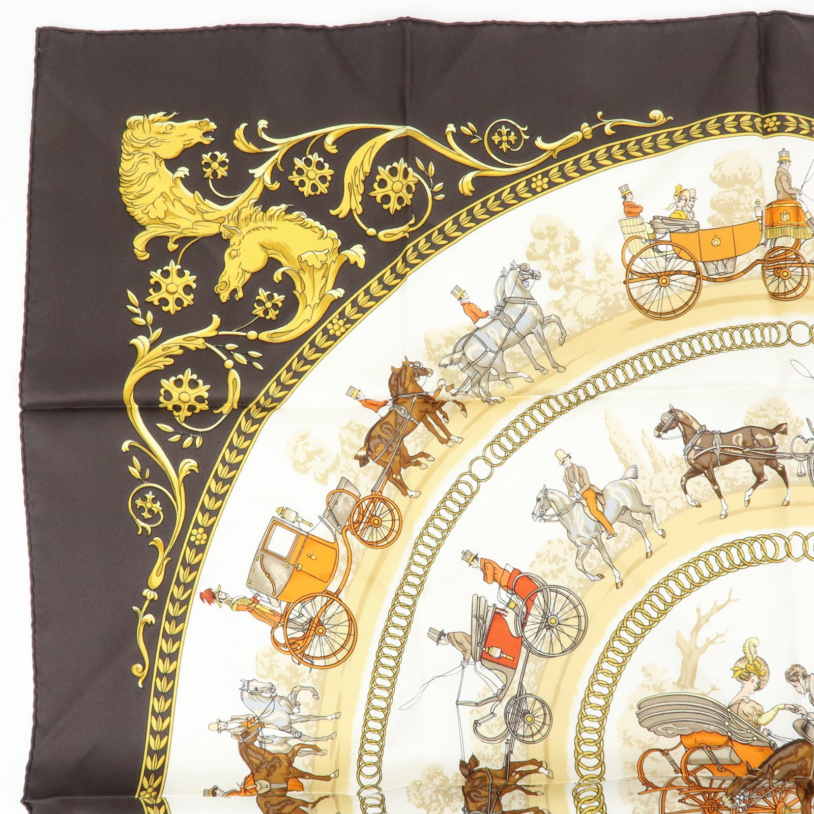 HERMES Carre 90 Silk 100% Scarf LA PROMENADE DE LONGCHAMPS Brown