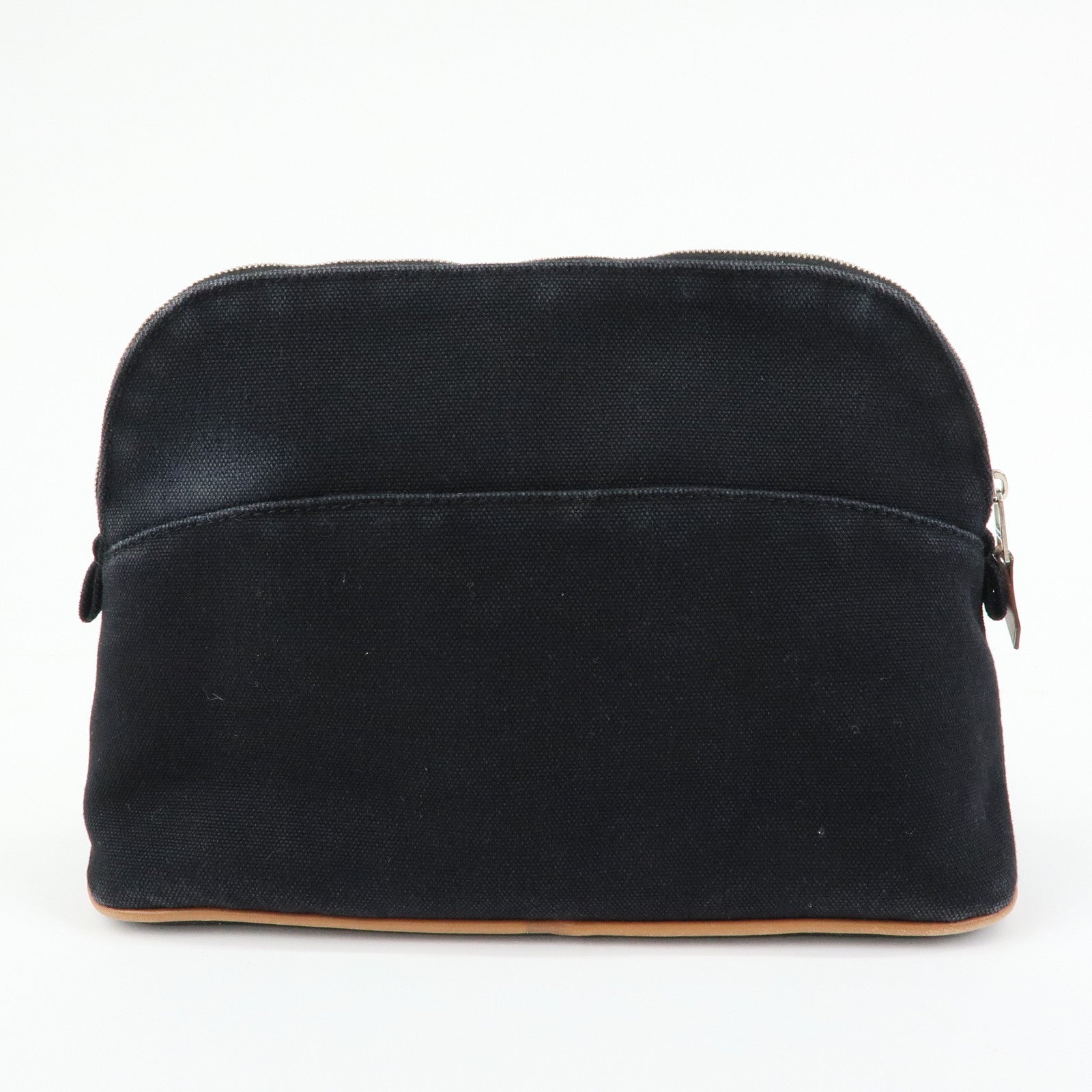 HERMES Bolide MM Cotton Leather Cosmetic Pouch Black Beige