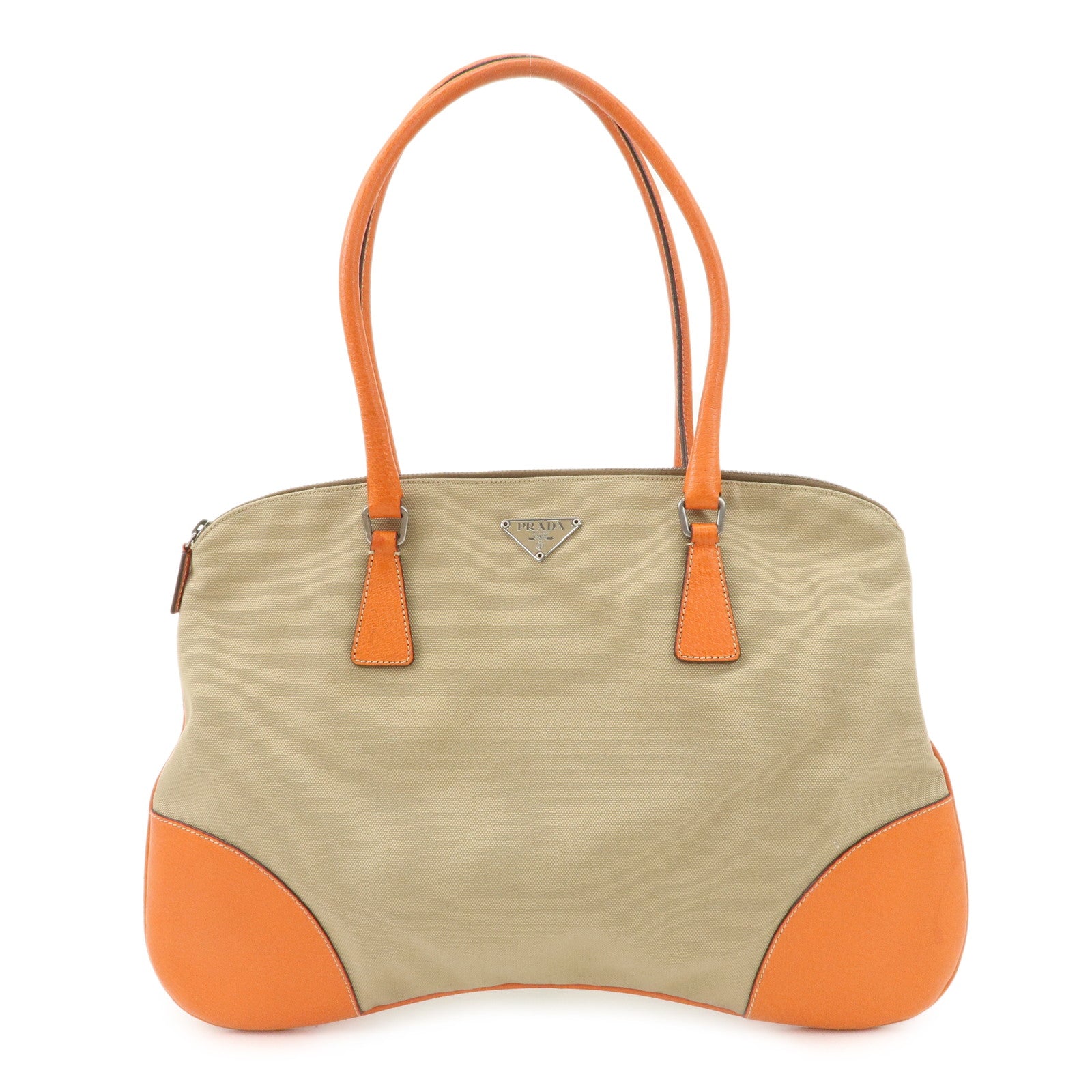 PRADA Triangle Logo Canvas Leather Shoulder Bag Orange Beige