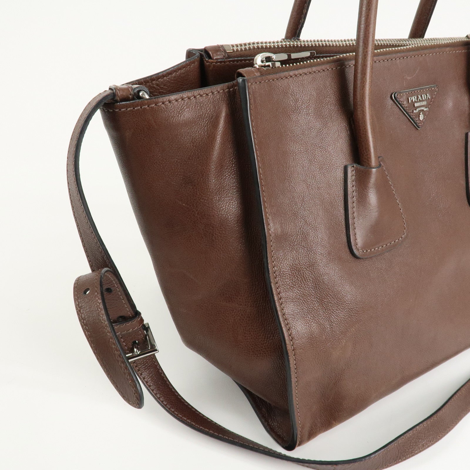 PRADA Triangle Logo Leather 2way Hand Bag Shoulder Bag Brown BN2619 Used
