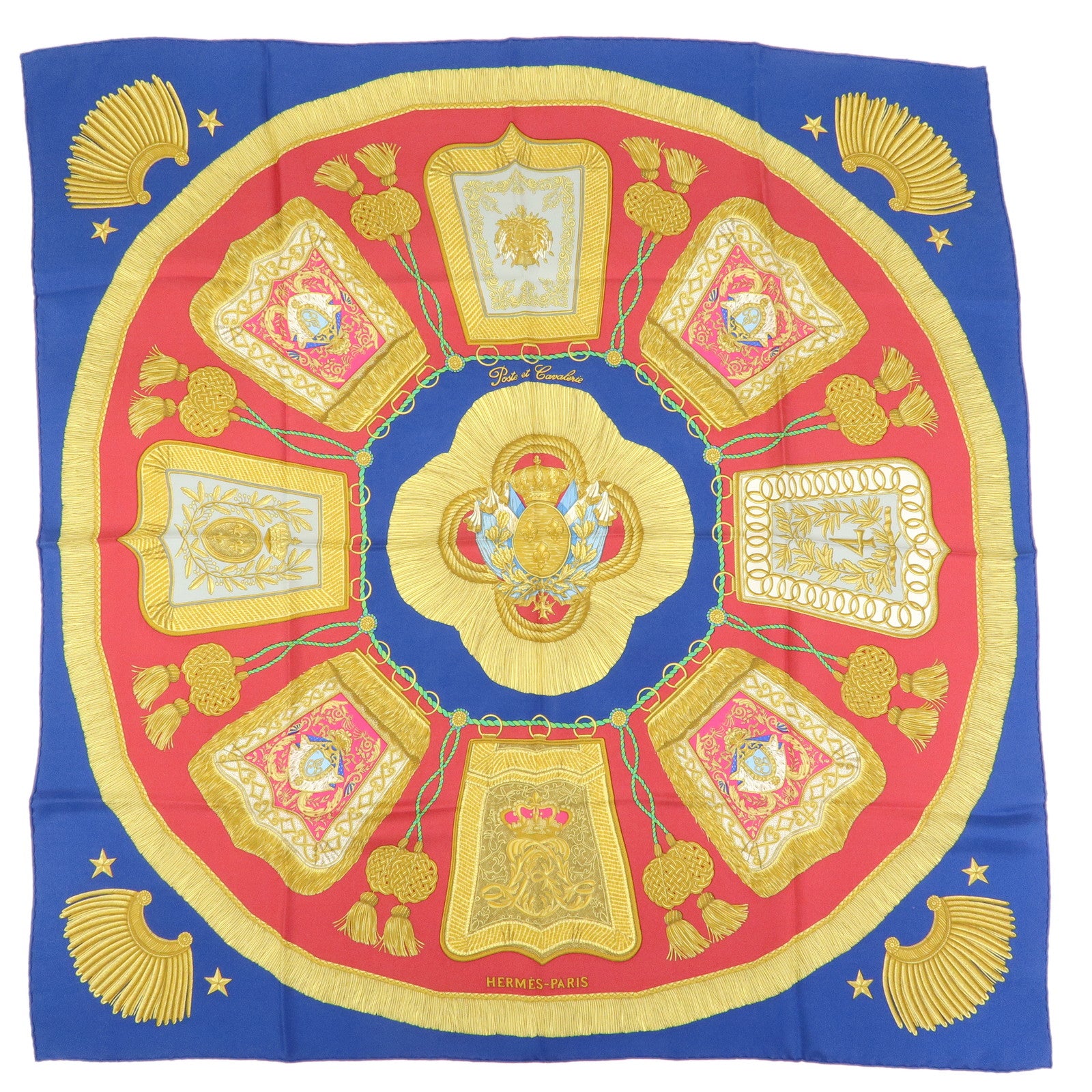 HERMES Carre 90 Silk 100% Scarf Poste et Cavalerie Blue Yellow Red