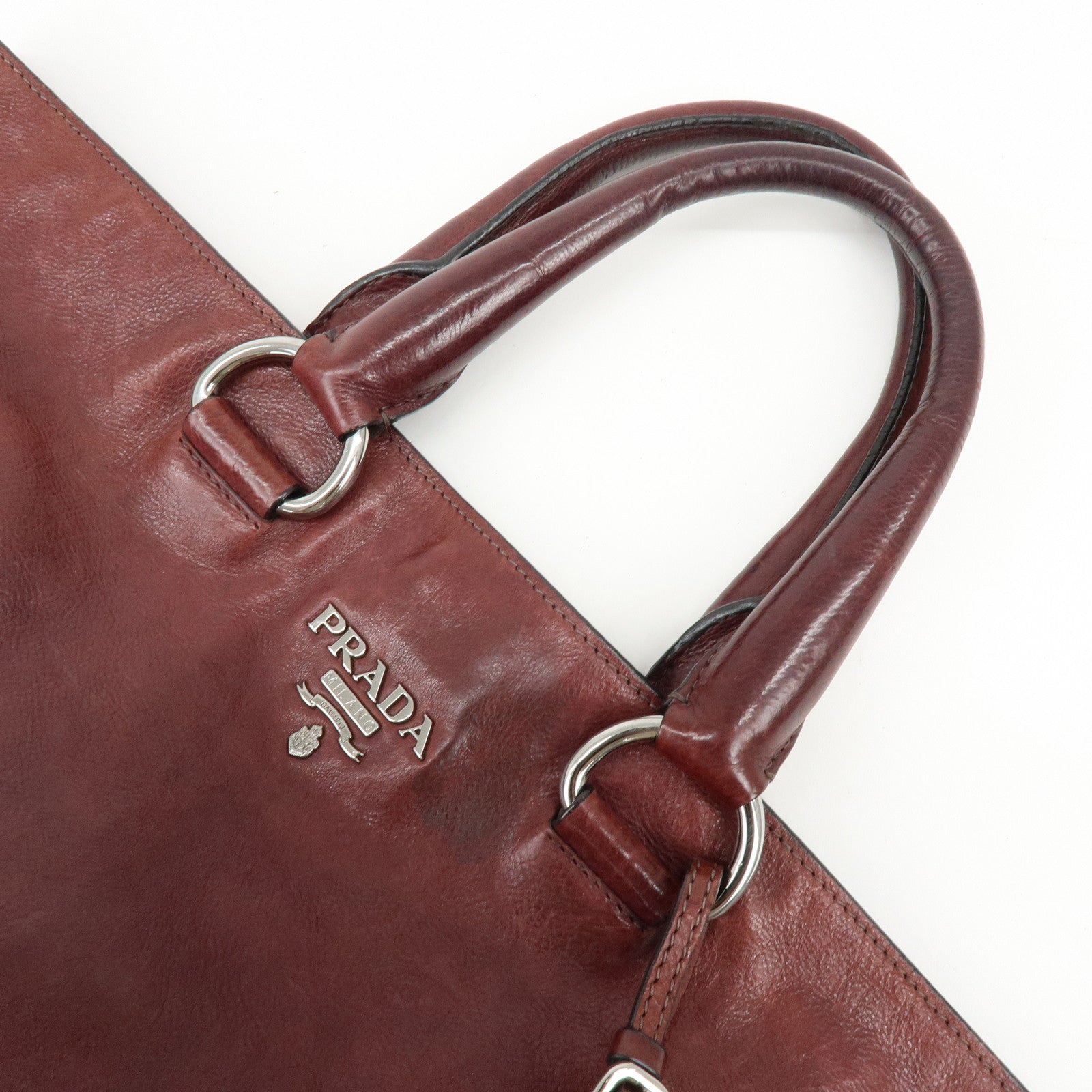 PRADA Triangle Logo Gradation Leather Tote Bag Hand Bag Bordeaux