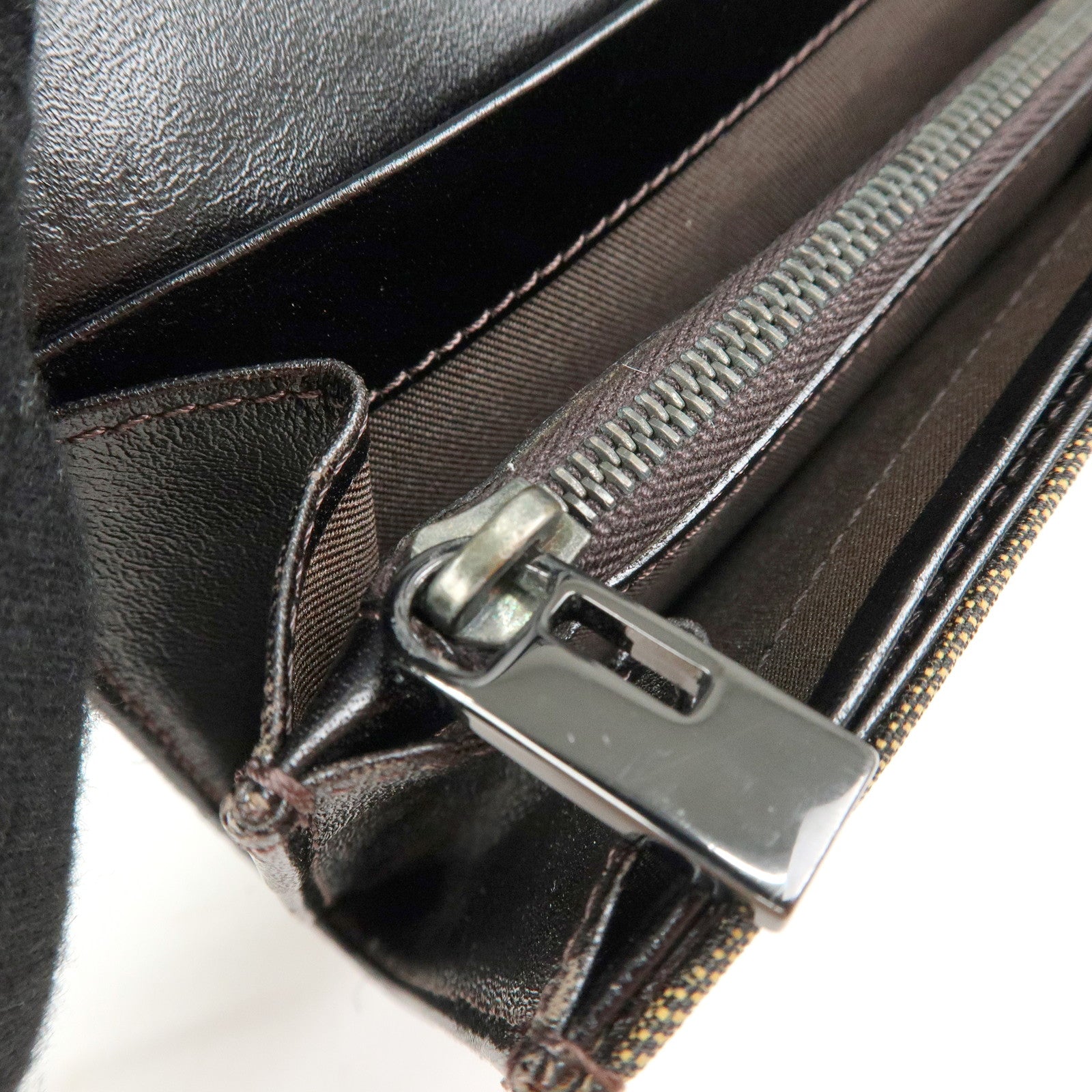 FENDI Zucca Canvas Leather Bi-Fold Long Wallet Black Brown 8M0000