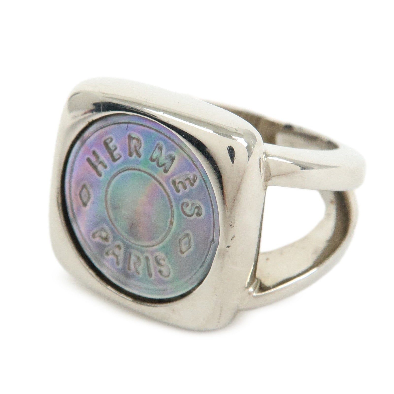 HERMES Sellier Corozo Metal Shell Ring Silver US5.5 EU51