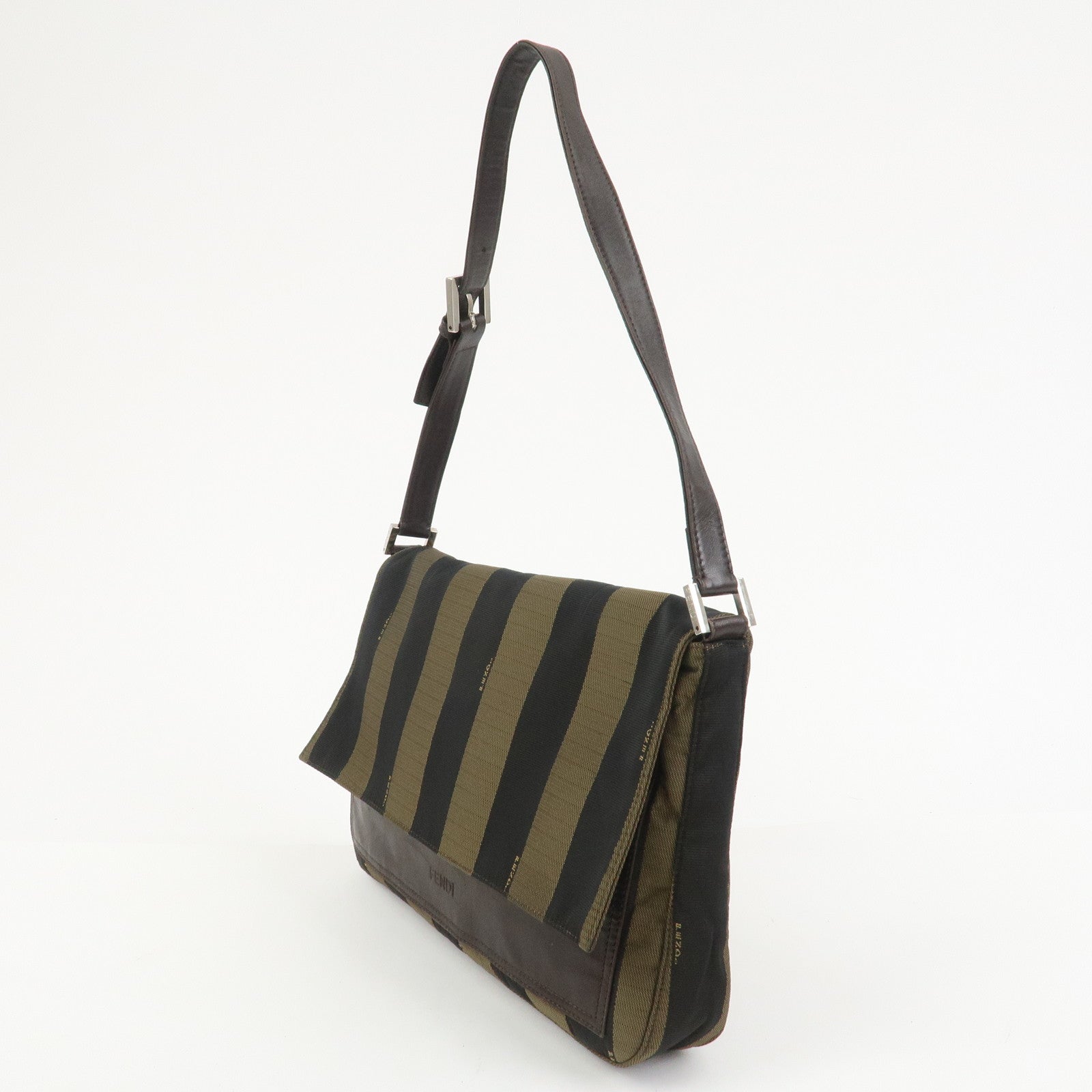 FENDI Pequin Canvas Leather Shoulder Bag Brown Black 26654