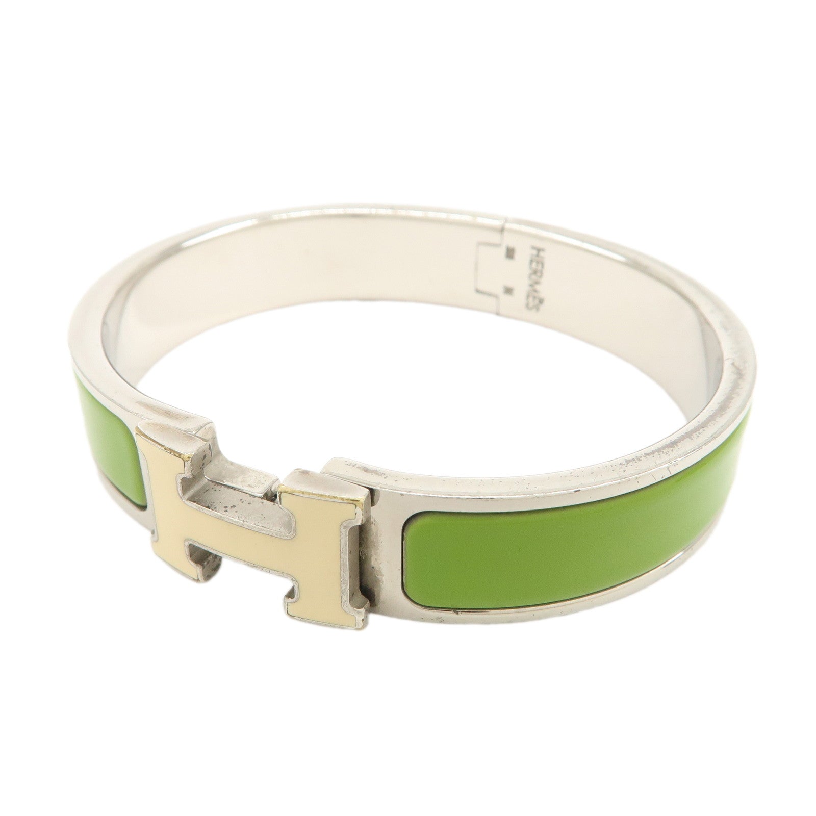 HERMES Clic Clac PM Metal Bracelet Bangle Green Ivory