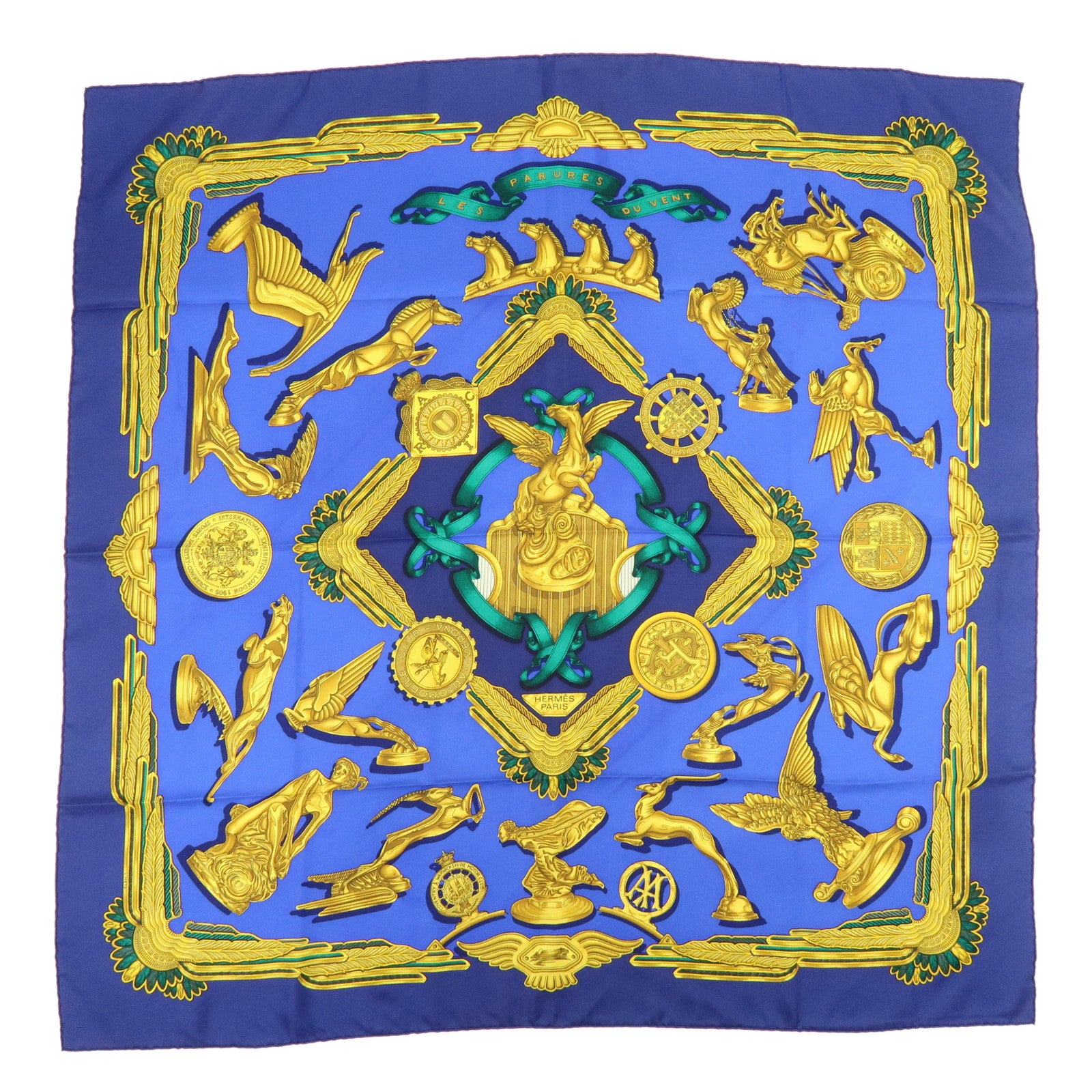 HERMES Carre 90 Silk 100% Scarf LES PARURES DU VENT Navy Gold