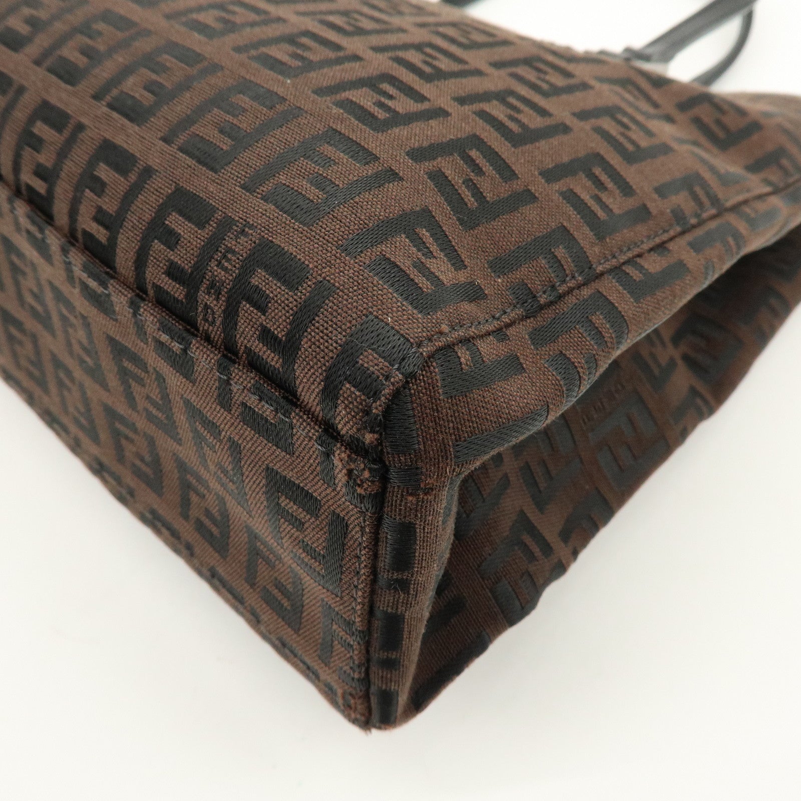 FENDI Zucchino Canvas Leather Tote Bag Shoulder Bag Brown Black