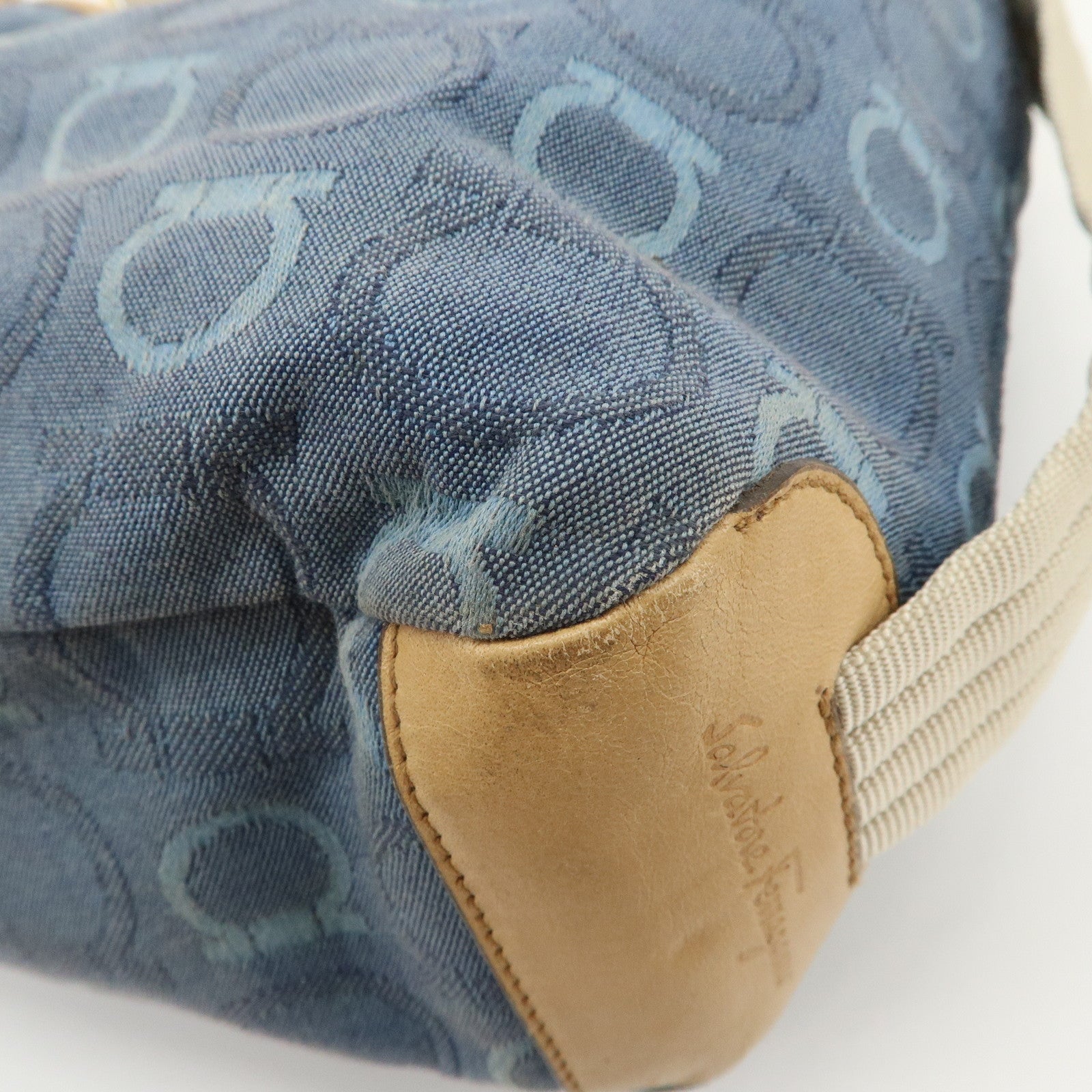 Ferragamo Gancini Canvas Leather Shoulder Bag Hand Bag Blue Beige