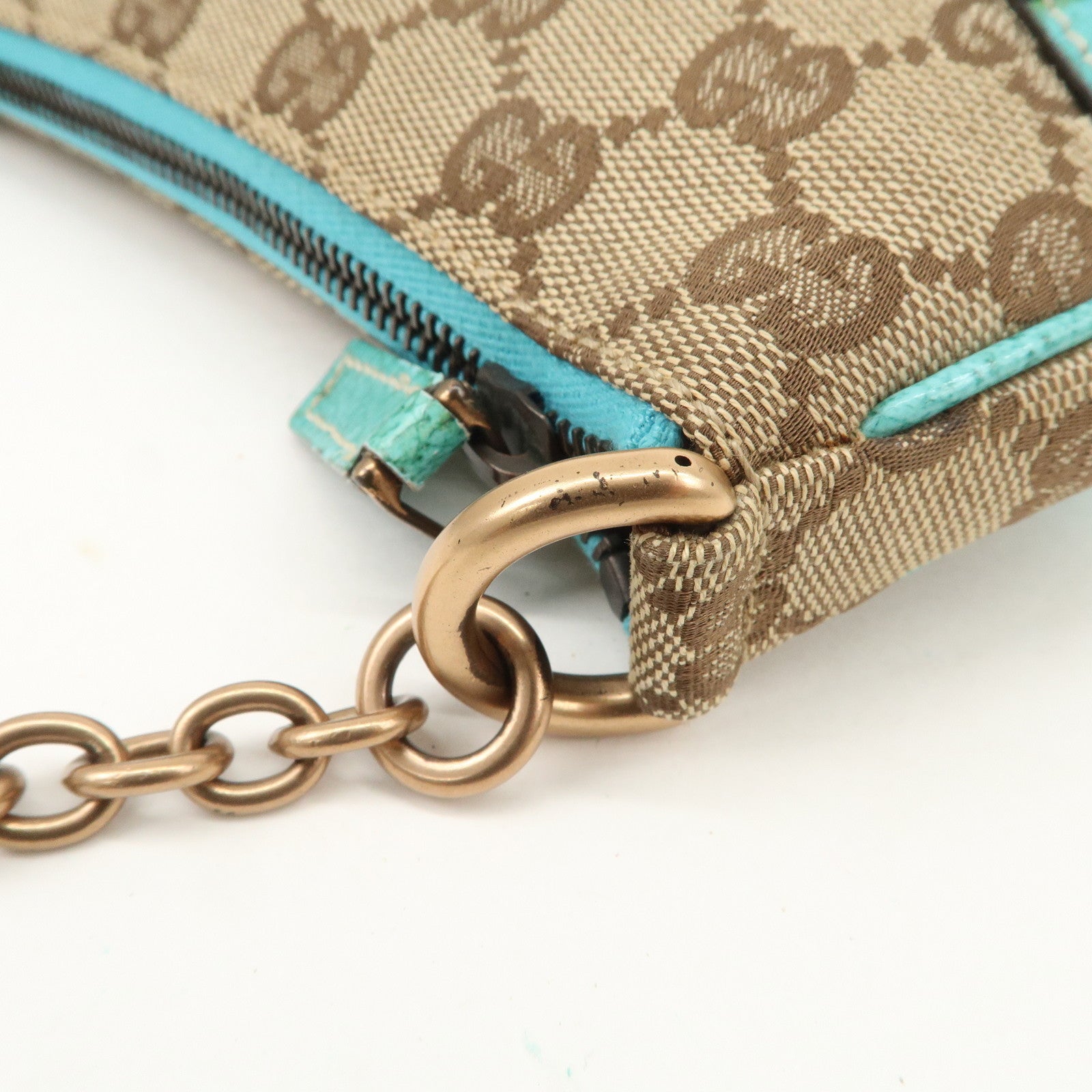 GUCCI GG Canvas Leather Chain Shoulder Bag Beige Turquoise Blue 120940 Used