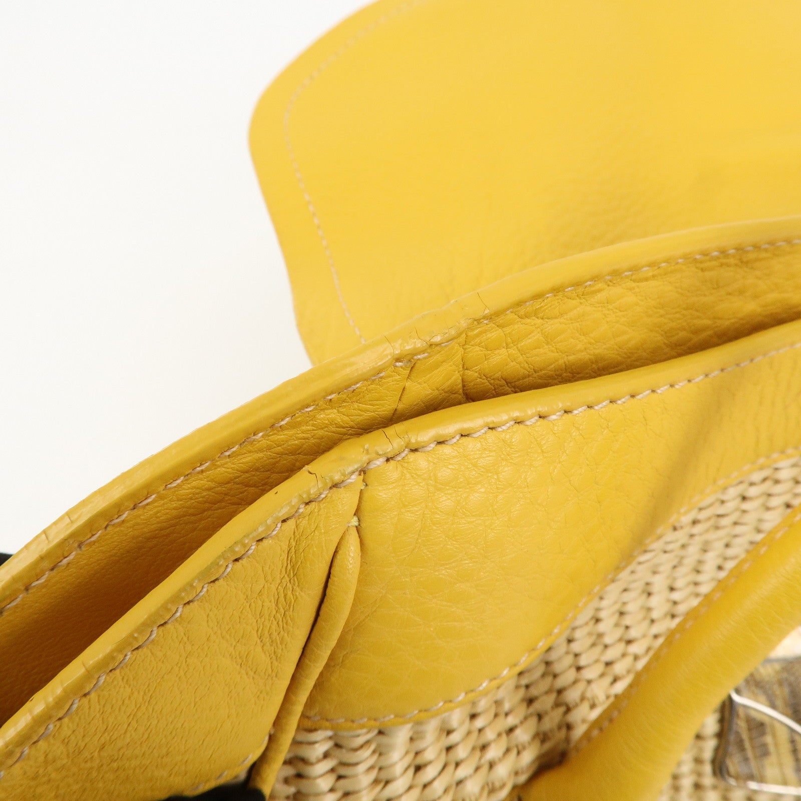 PRADA Triangle Logo Leather Raffia Tote Bag Beige Yellow Used